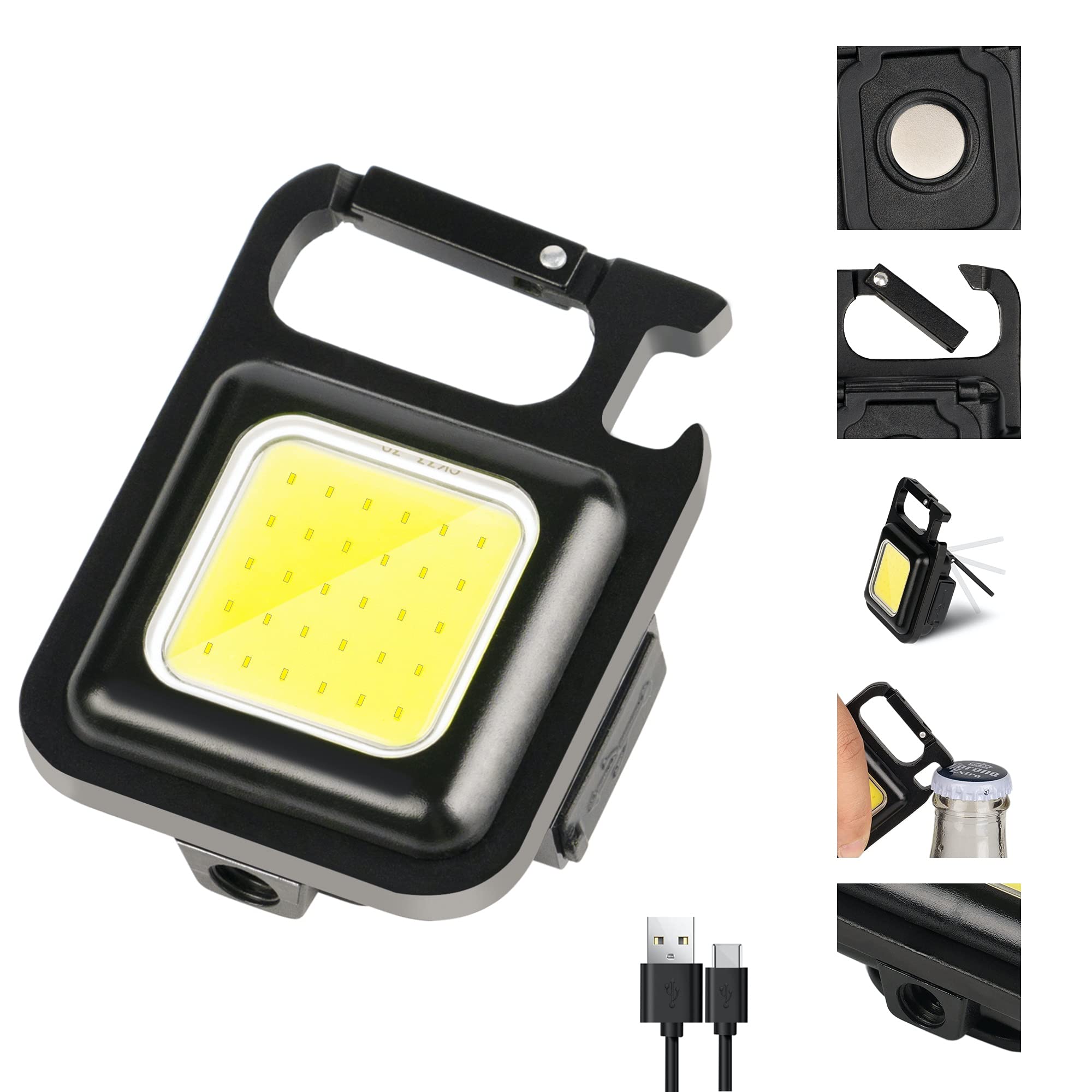 800 Lumens Rechargeable COB Mini Flashlight - Ultra Bright Keychain Light with 3 Modes, Folding Bracket, Bottle Opener & Magnetic Base | Perfect for Camping, Hiking, Fishing, Emergency & Everyday Carry (EDC)
