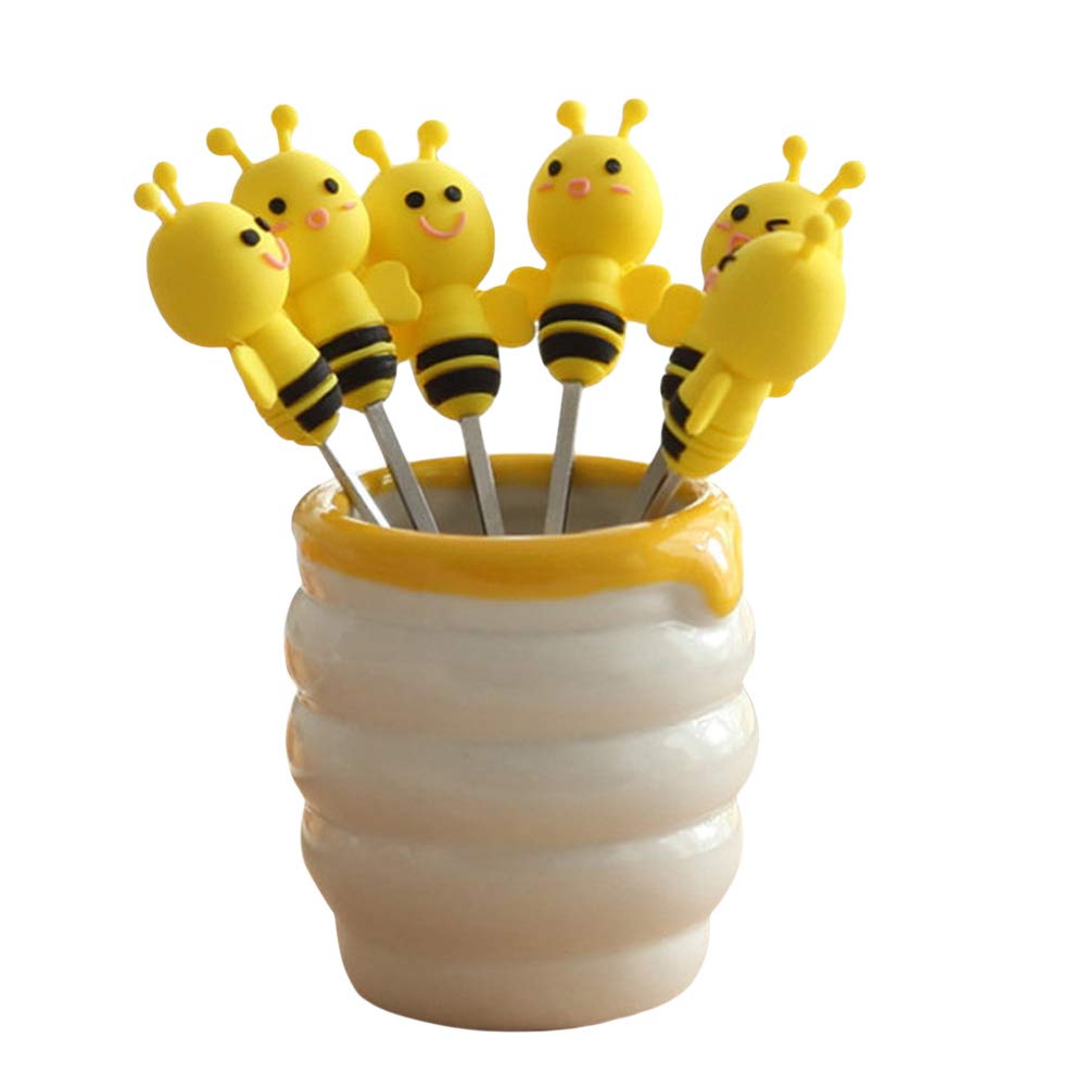 Cabilock 7-Piece Cute Silicone Bee Fruit Forks Set - Stainless Steel Dessert Picks with Ceramic Holder for Party, Picnic, and Daily Kitchen Use