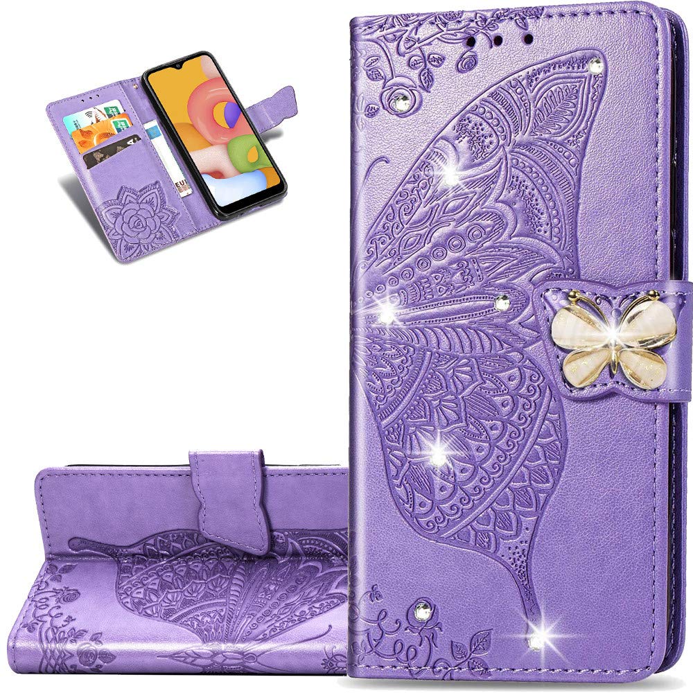 Premium Bling Diamond Butterfly Embossed PU Leather Wallet Case for iPhone 11 Pro Max - Magnetic Card Slots & Stand Cover (Light Purple) - Perfect for Everyday Use, Travel & Fashion Protection