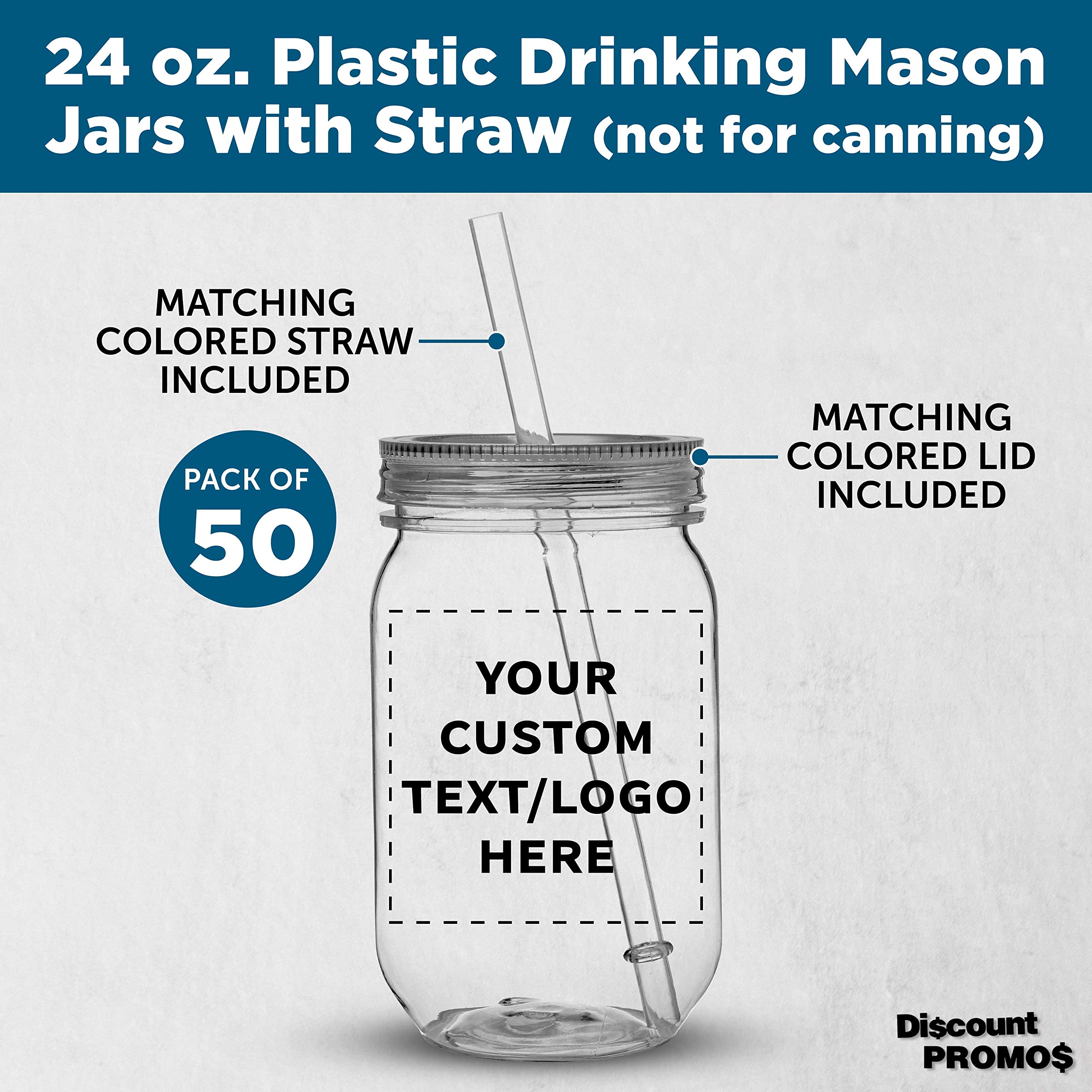 Custom 24 oz Plastic Mason Jars with Straw - Bulk Pack of 50 - Personalized Clear Drinking Jars for Smoothies, Iced Coffee & Beverages - Perfect for Parties, Cafes & Meal Prep Storage
