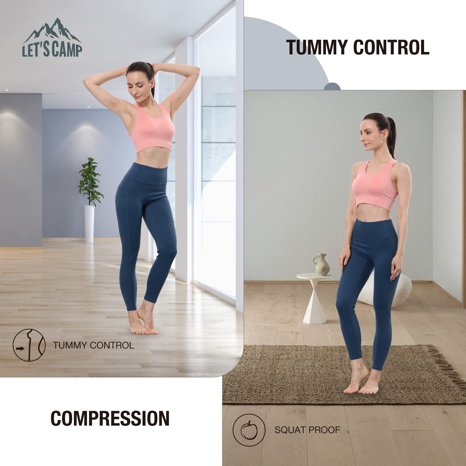 LET’S CAMP High Waisted Leggings with Pockets for Women - Tummy Control Workout Running Yoga Leggings - Comfortable & Stretchy Activewear for Gym, Lounge & Everyday Wear