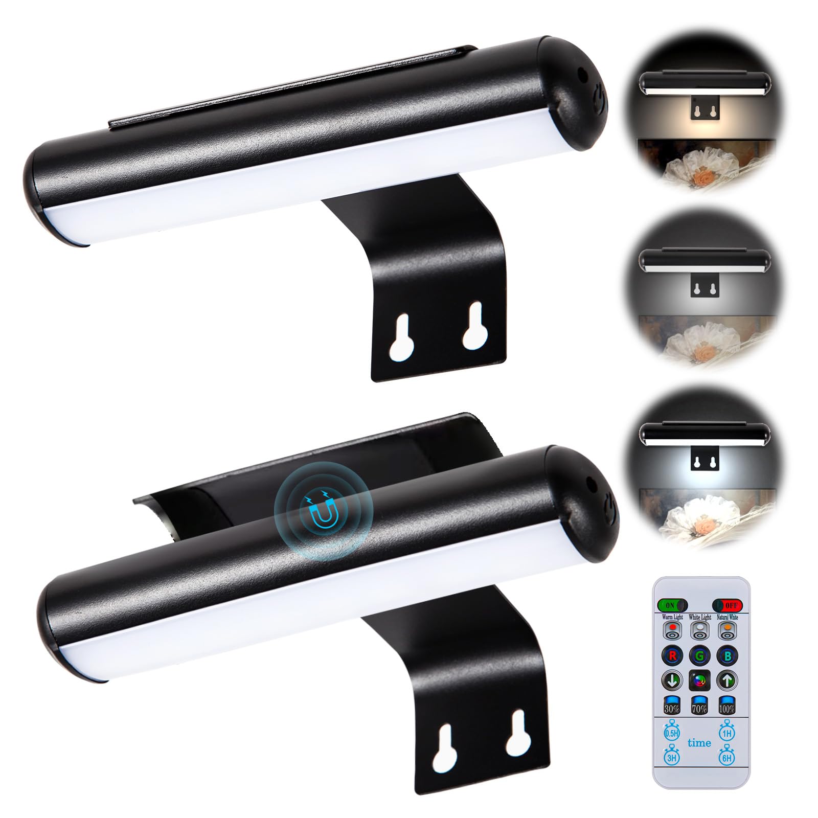 2 Pack Battery Operated Picture Light with Remote Control - Dimmable LED Art Light with Timer for Wall Paintings, Photo Frames, Portraits & Dartboards - Perfect for Home Gallery, Living Room Decor & Art Display (Metal Body)
