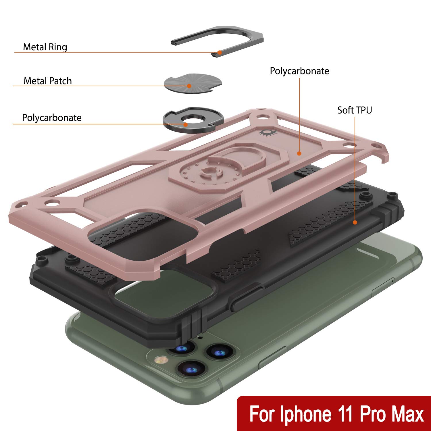 PunkCase for iPhone 11 Pro Max - Military Grade Protective Case with Metal Ring Grip & Kickstand | Dual Layer ArmorShield Series | Full Body Protection for iPhone 11 Pro Max (6.5 Inch) | Rose Gold | Perfect for Outdoor Activities, Travel & Daily Use
