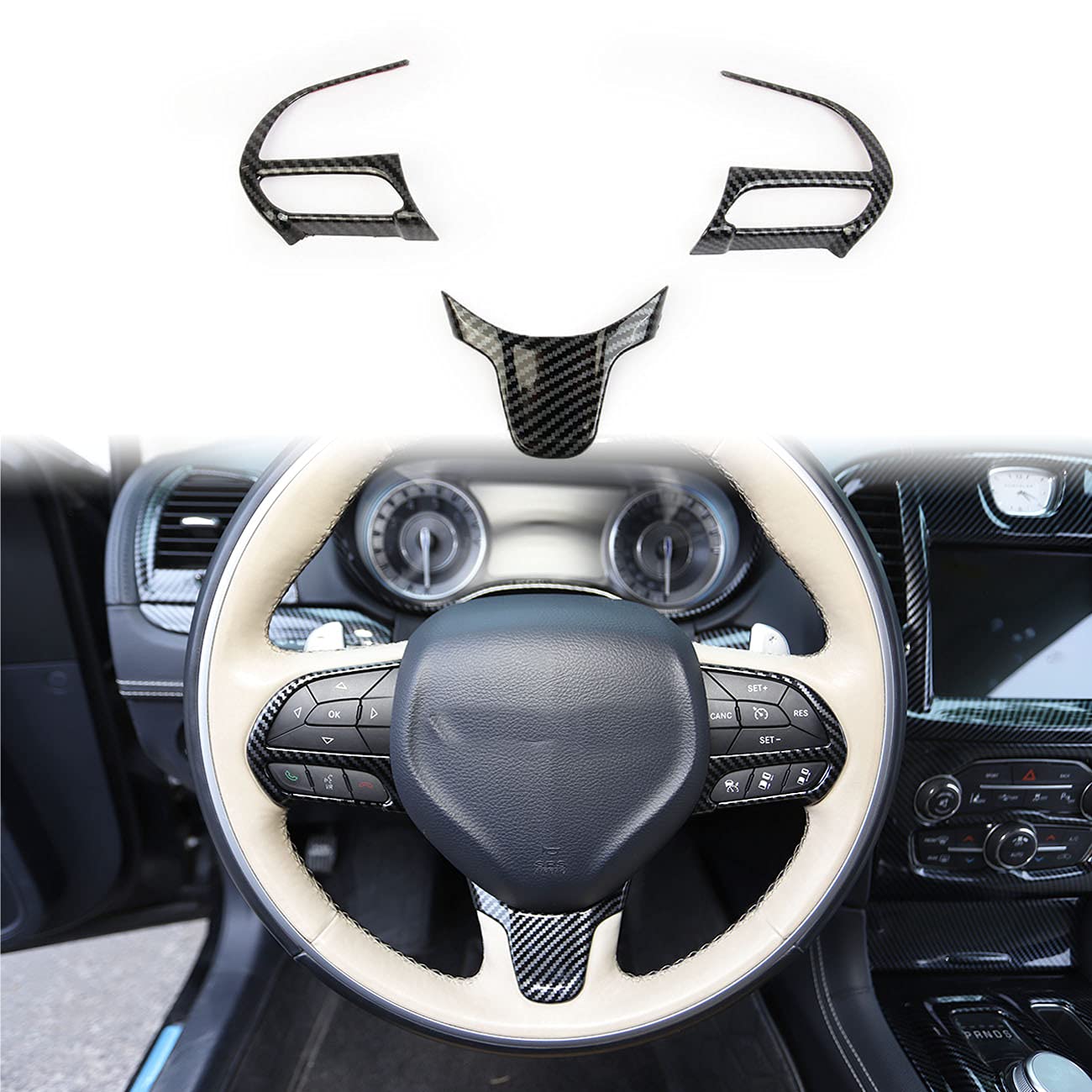 Premium Carbon Fiber Steering Wheel Cover Trim Bezel Kit for 2015-2021 Chrysler 300 - Upgrade Interior Style & Grip for Enhanced Driving Comfort