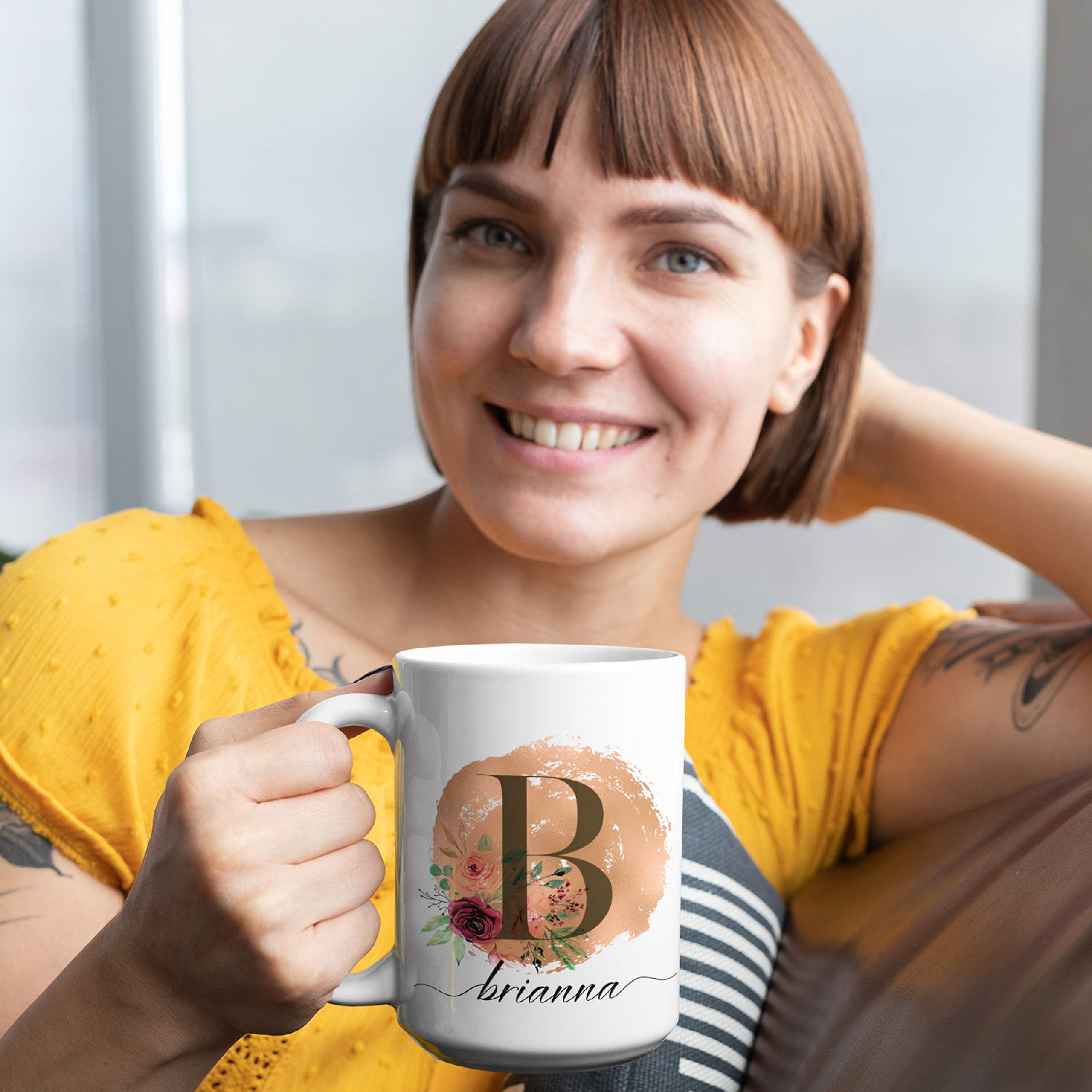 Personalized 15oz Ceramic Coffee Mug for Women - Custom Name & Initial Cup in 9 Colors - Unique Mother's Day Gift, Bridesmaid Present, Grandma Gift Idea - Perfect for Home, Office & Special Occasions