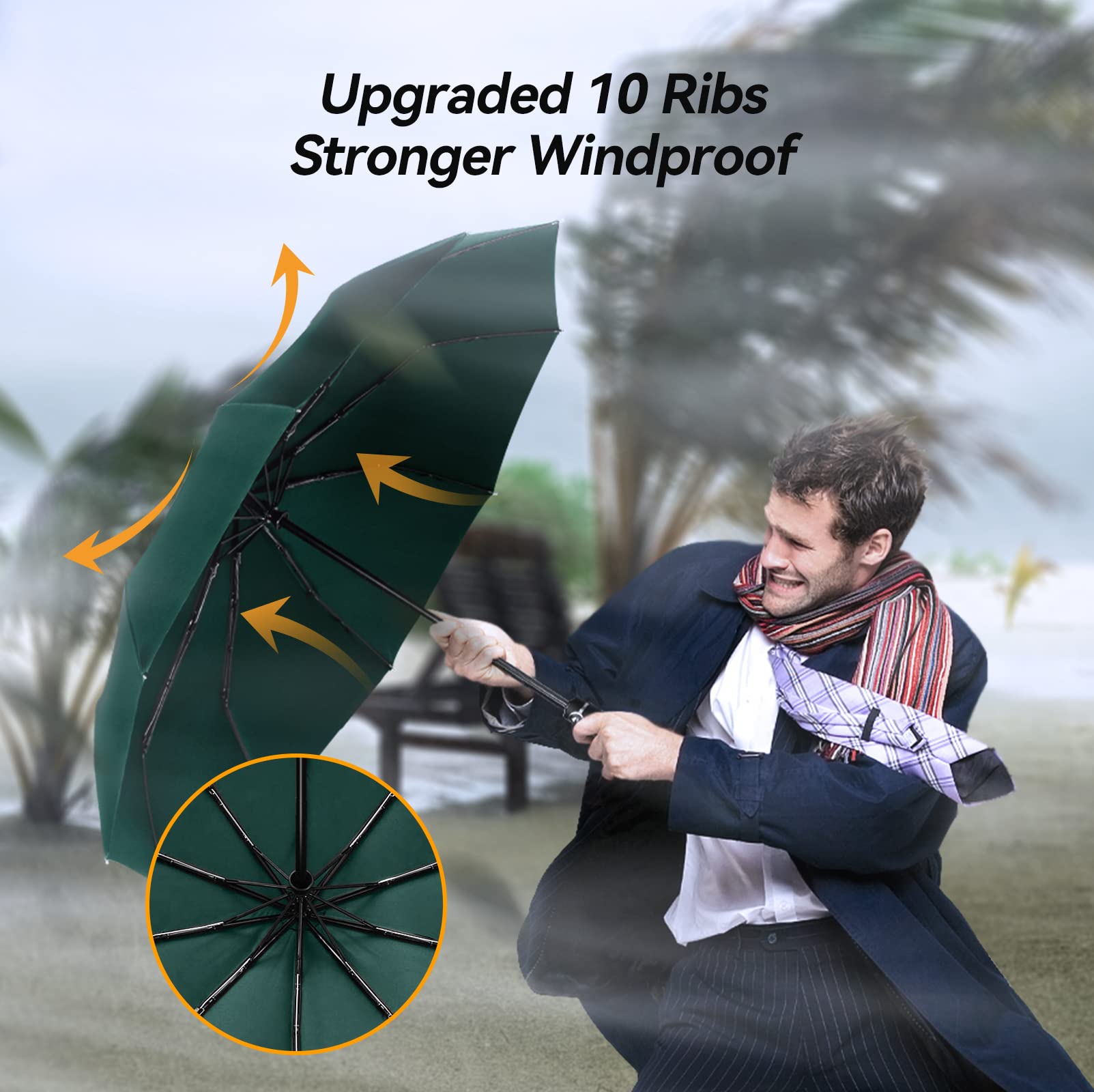 TechRise Windproof Travel Umbrella - Automatic Compact Folding Umbrella with 10 Strong Fiberglass Ribs | One-Touch Auto Open/Close | Lightweight & Portable for Backpack, Commuting, and Outdoor Adventures