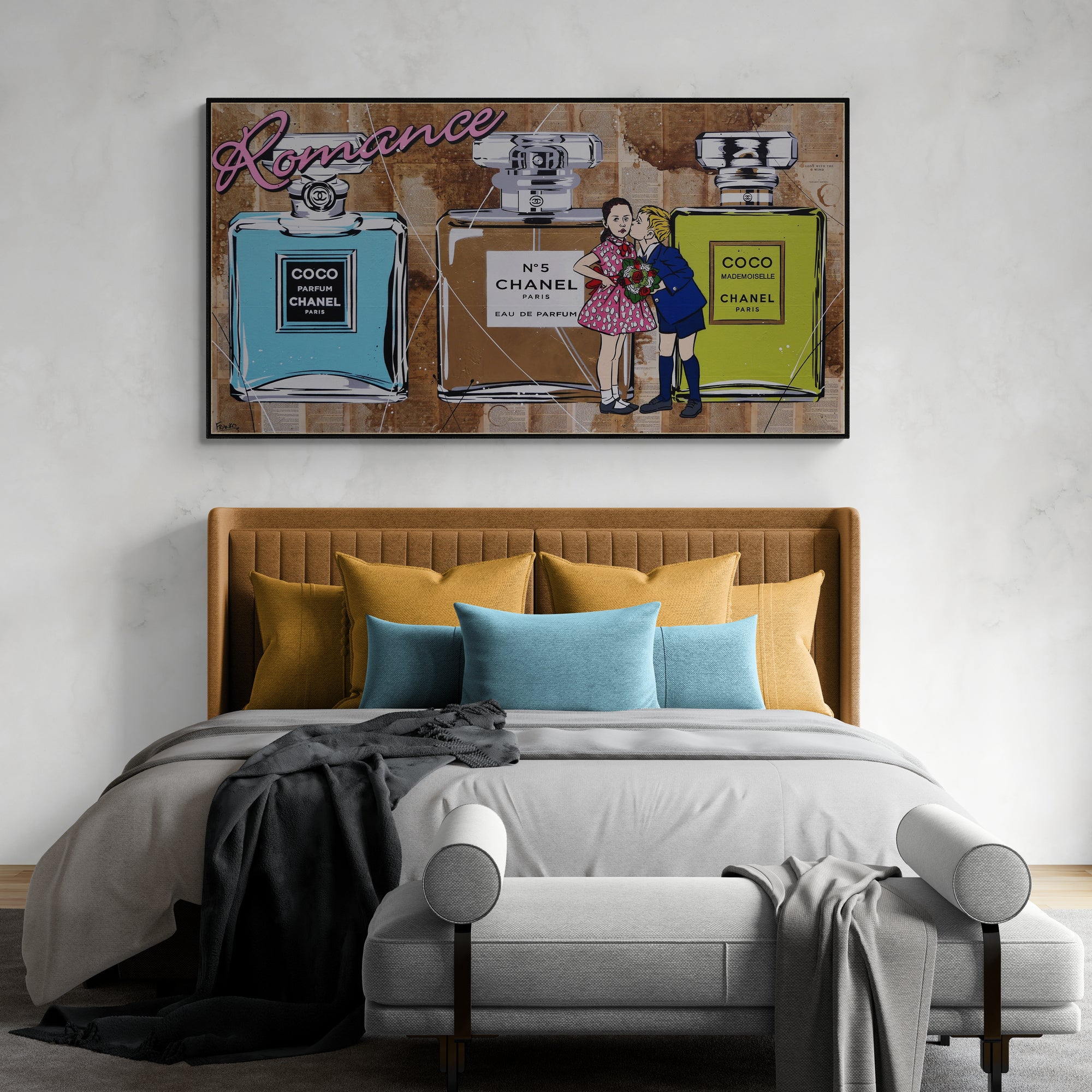 Le Kisses 190cm x 100cm Perfume Bottles Kissing Urban Pop Art Canvas Painting - Perfect for Book Club Decor, Living Room Wall Art & Modern Home Decor
