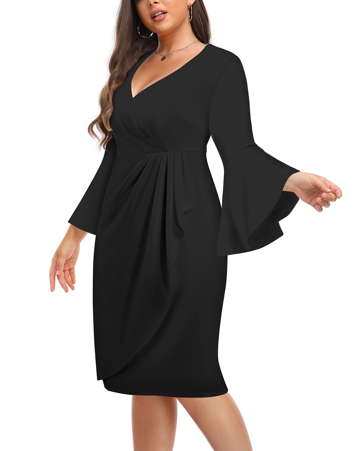 Plus Size Women's Work Dress - V Neck Bell Sleeve Semi-Formal Dress for Wedding Guest, Church, Business Office & Interview | Professional & Elegant Attire for Workwear & Special Occasions