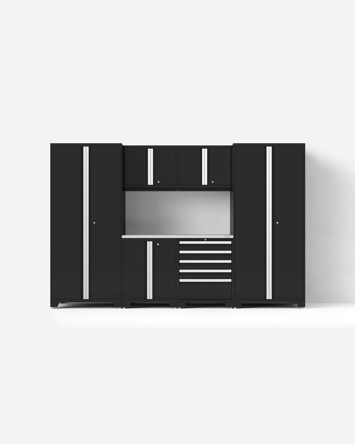 Adam's x NewAge Pro Series 7-Piece Cabinet Set - Heavy Duty Metal Storage for Garage, Workshop & Home Organization (Black) - Perfect for Tools, Sports Equipment & DIY Supplies Storage