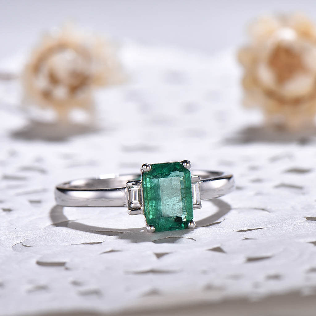 Vintage Natural Emerald Cut Emerald & Baguette Diamond Three Stone Engagement Ring - Perfect for Proposal, Anniversary & Wedding Jewelry Gift