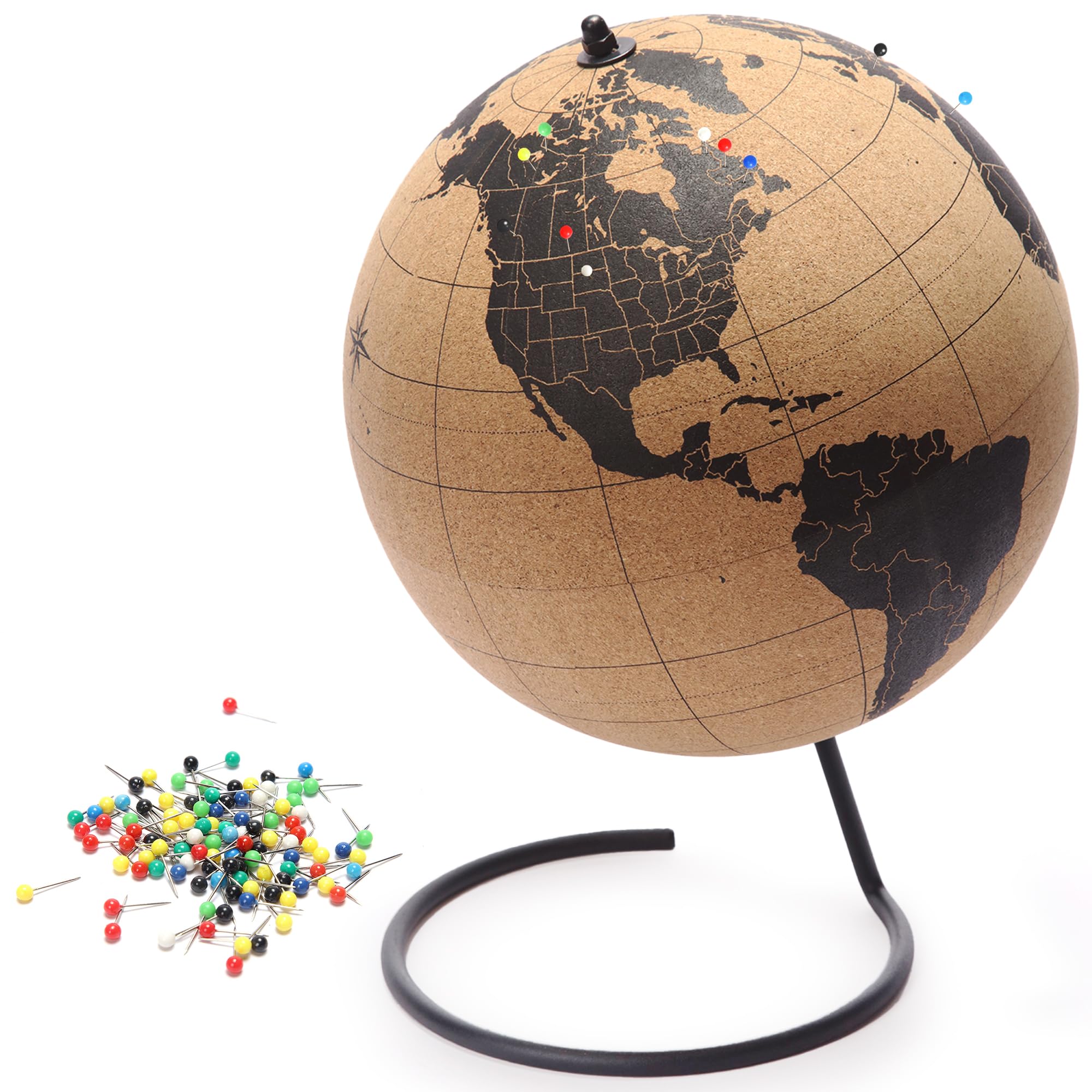 10” Black Cork Globe with Push Pins - Rotating World Map Globe with 100 Colored Push Pins for Kids & Adults - Perfect for Home, Office, Classroom Decor & Travel Planning - Interactive Geography Learning Tool
