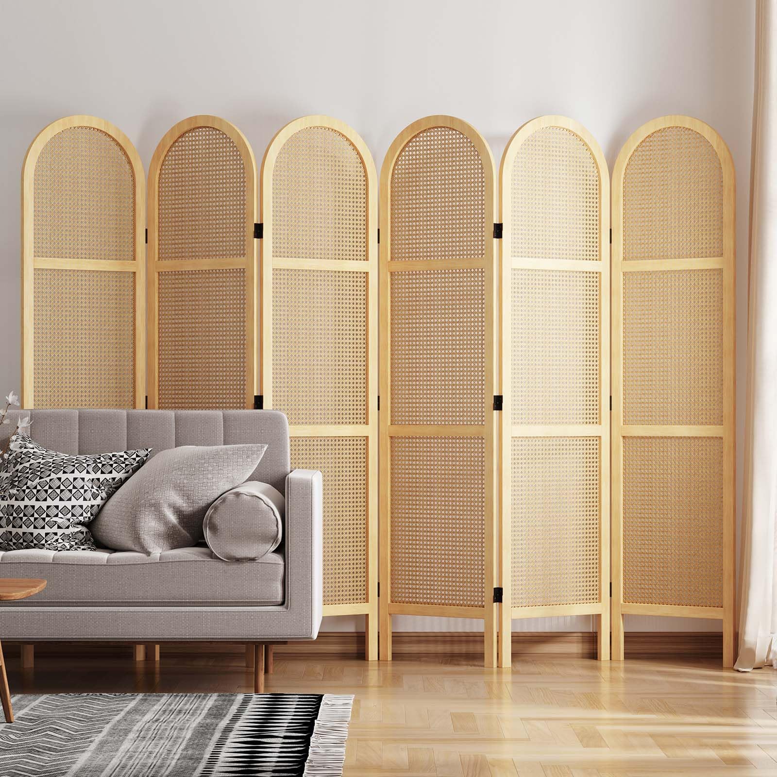 5.6 Ft Double Hinged Rattan Room Divider - Freestanding Folding Privacy Screen with 6 Panels for Bedroom, Office & Living Room (Natural) | Home & Office Partition Wall Decor