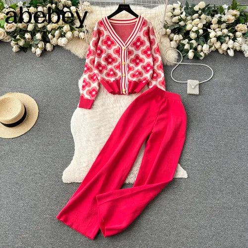 Floral Knit Cardigan and Wide Leg Pants Set for Women - Single Breasted Button Hollow Out Sweater with Solid Color Autumn Outfit | Casual Office Wear, Fall Fashion, Date Night Ensemble