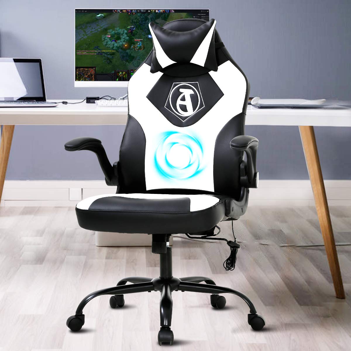 Premium Ergonomic Gaming Chair - High Back PU Leather Office Computer Chair with Lumbar Support & Massage, Adjustable Flip-Up Armrests, Tilt Function & Smooth Rolling Wheels - Ideal for Gaming, Work & Home Office (White)
