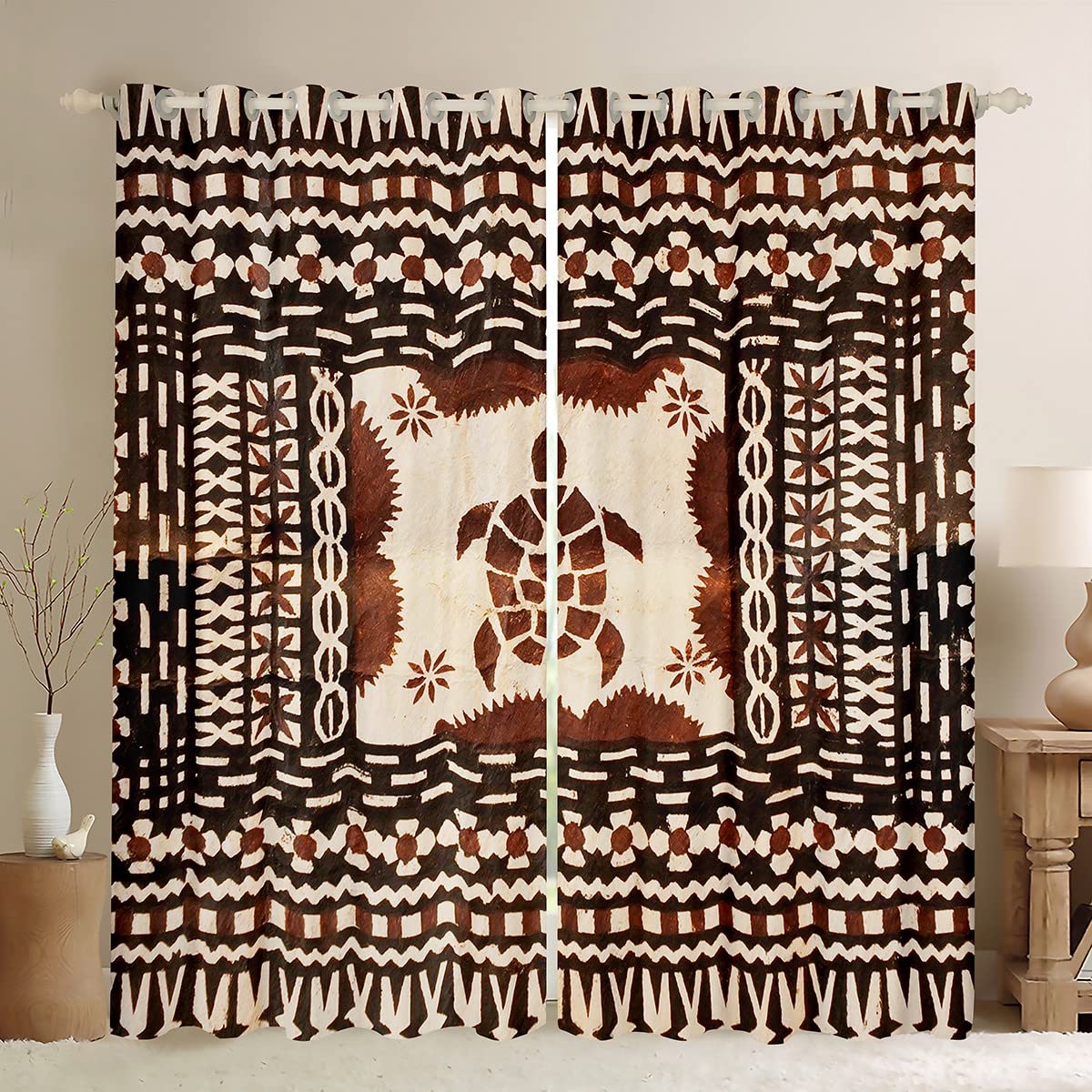 Bohemian Sea Turtle Window Curtains for Bedroom & Living Room - Ethnic Tribal Pattern Drapes with Chic Flowers (38x45 Inches, 2 Panels) - Perfect for Kids, Teens & Coastal Home Decor
