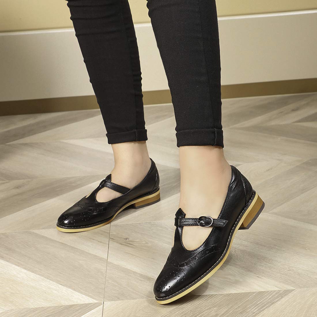 Women's Wingtip Oxford Mary Jane Loafers - Genuine Leather T-Strap Casual Flats for Ladies | Perfect for Office, Business, Dating & Everyday Comfort