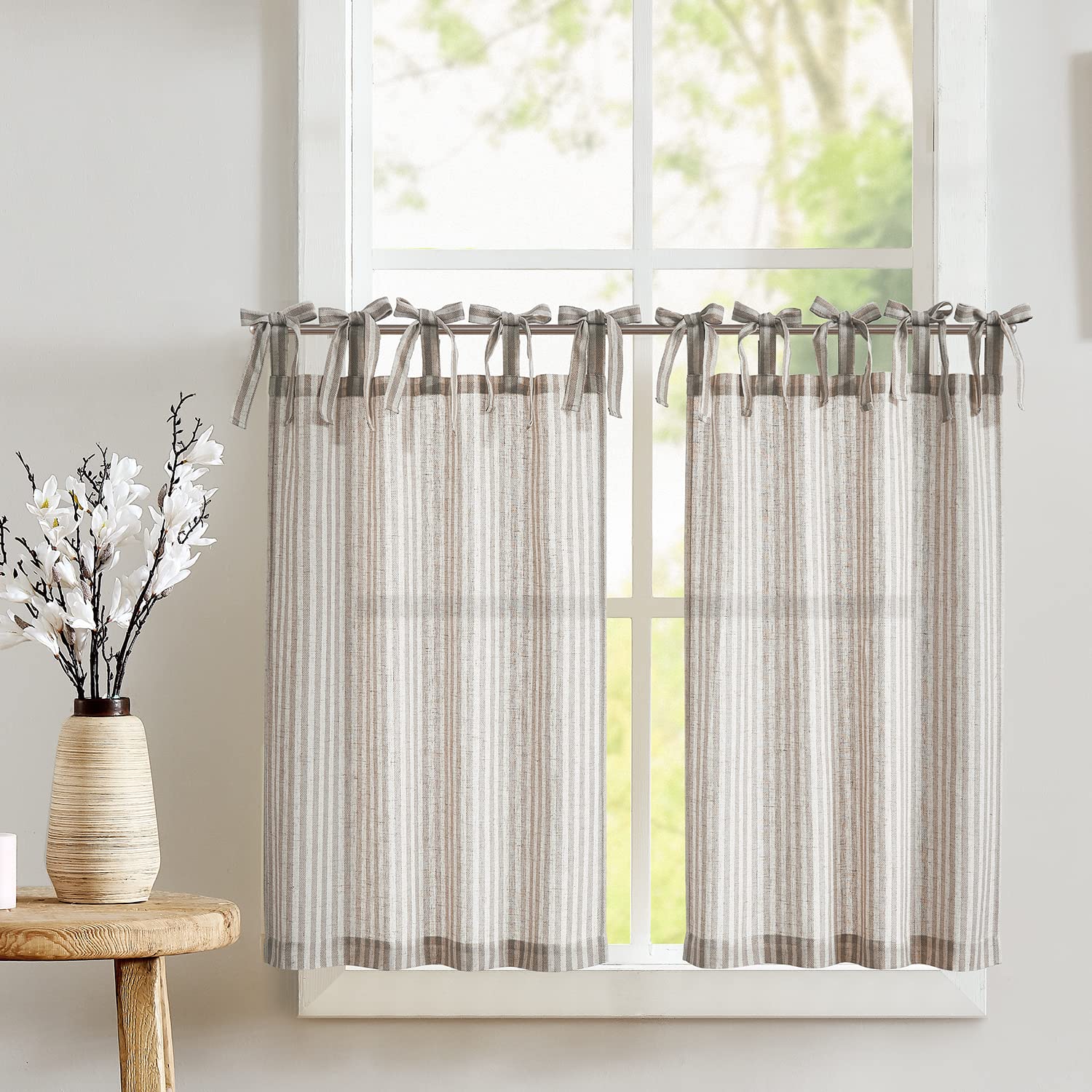 Jinchan 24 Inch Linen Kitchen Curtains - Striped Tier Window Drapes with Rod Pocket, Ticking Stripe Design for Farmhouse, Bathroom & Living Room | 2 Panels in Taupe | Perfect for Small Windows, Cafes & Rustic Home Decor