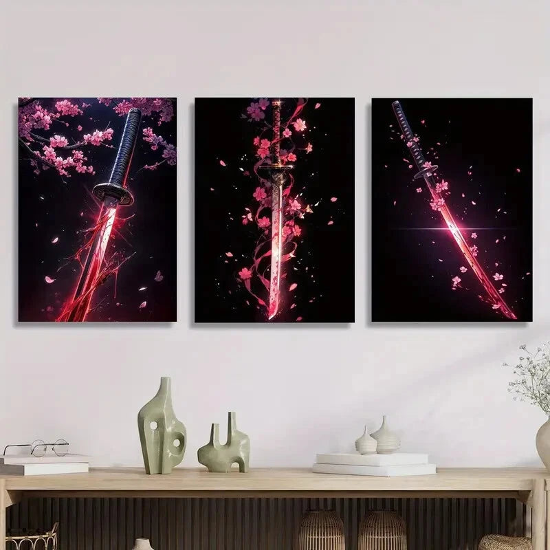 3-Piece Vibrant Sakura & Samurai Katana Metal Wall Art Prints - Ready to Hang Japanese Decor for Living Room, Bedroom & Office