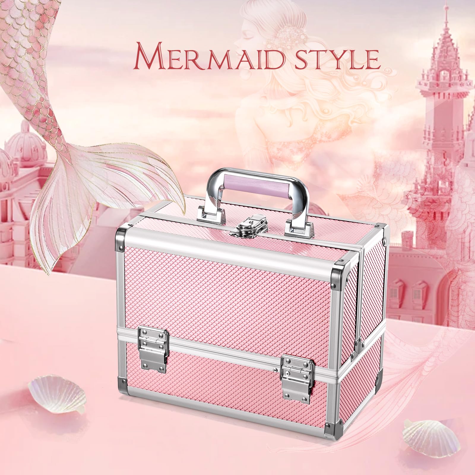 Joligrace Professional Makeup Train Case - 11.8 Inch Lockable Cosmetic Organizer with Mirror, 3-Tier Trays & Brush Holder | Portable Travel Jewelry Box in Mermaid Pink | Perfect for Makeup Artists, Travelers & Beauty Enthusiasts