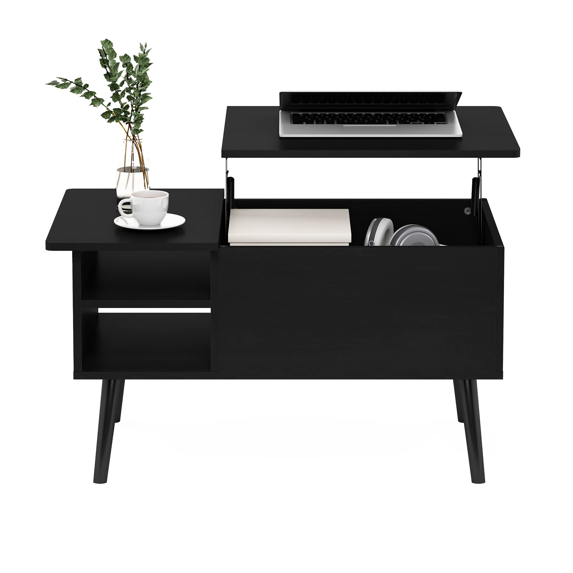Furinno Jensen Lift Top Coffee Table with Hidden Compartment & Open Storage Shelf - Solid Wood Legs Living Room Furniture for Small Spaces | Perfect for Storing Remotes, Magazines & Home Decor