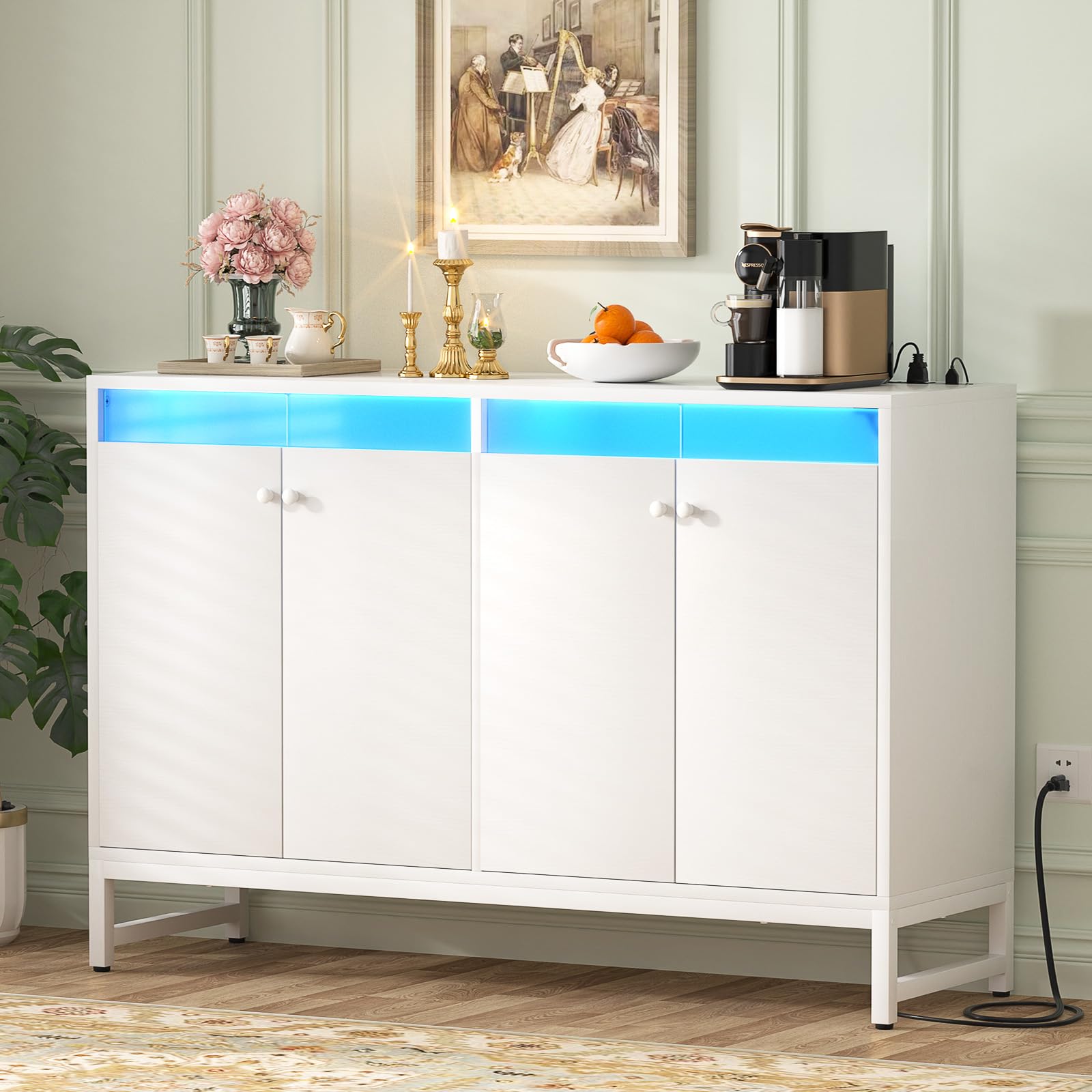 Modern Sideboard Buffet Cabinet with Built-in Power Outlet & LED Lighting - Kitchen Storage Cabinet with Doors & Shelves - Accent Cupboard Buffet Table for Dining Room, Living Room, Hallway - Perfect for Entertaining Guests & Organizing Dishes (White)