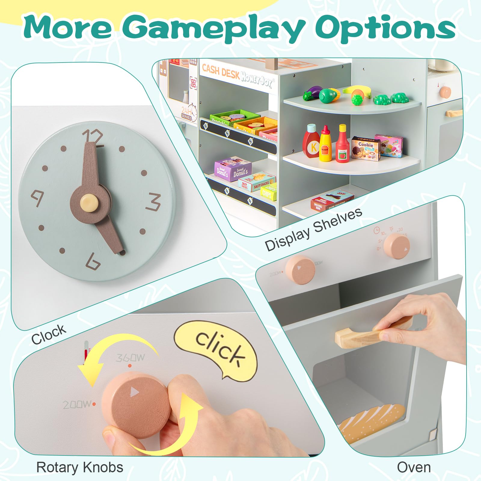 HONEY JOY Wooden Kids Grocery Store Playset with Coffee Maker, Vending Machine & Cash Register - Pretend Play Supermarket Toy with Display Shelves & Play Food for Toddlers - Perfect for Role Play, Early Learning & Social Skills Development at Home or Preschool