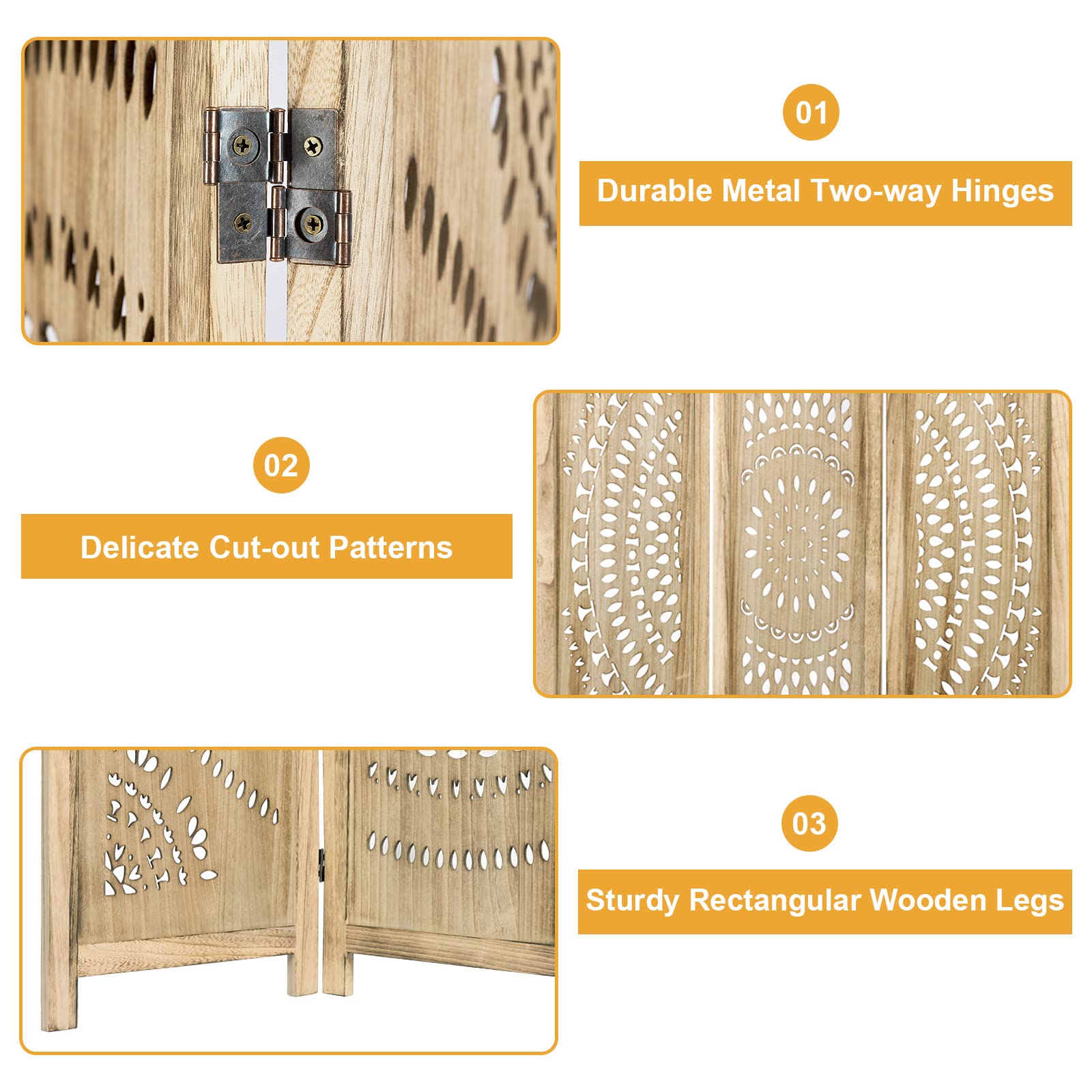 3 Panel Wood Folding Room Divider Screen - 66.9 Inch Privacy Partition for Living Room, Bedroom & Office - Natural Finish, No Assembly Required - Perfect for Home Decor, Space Separation & Room Dividers
