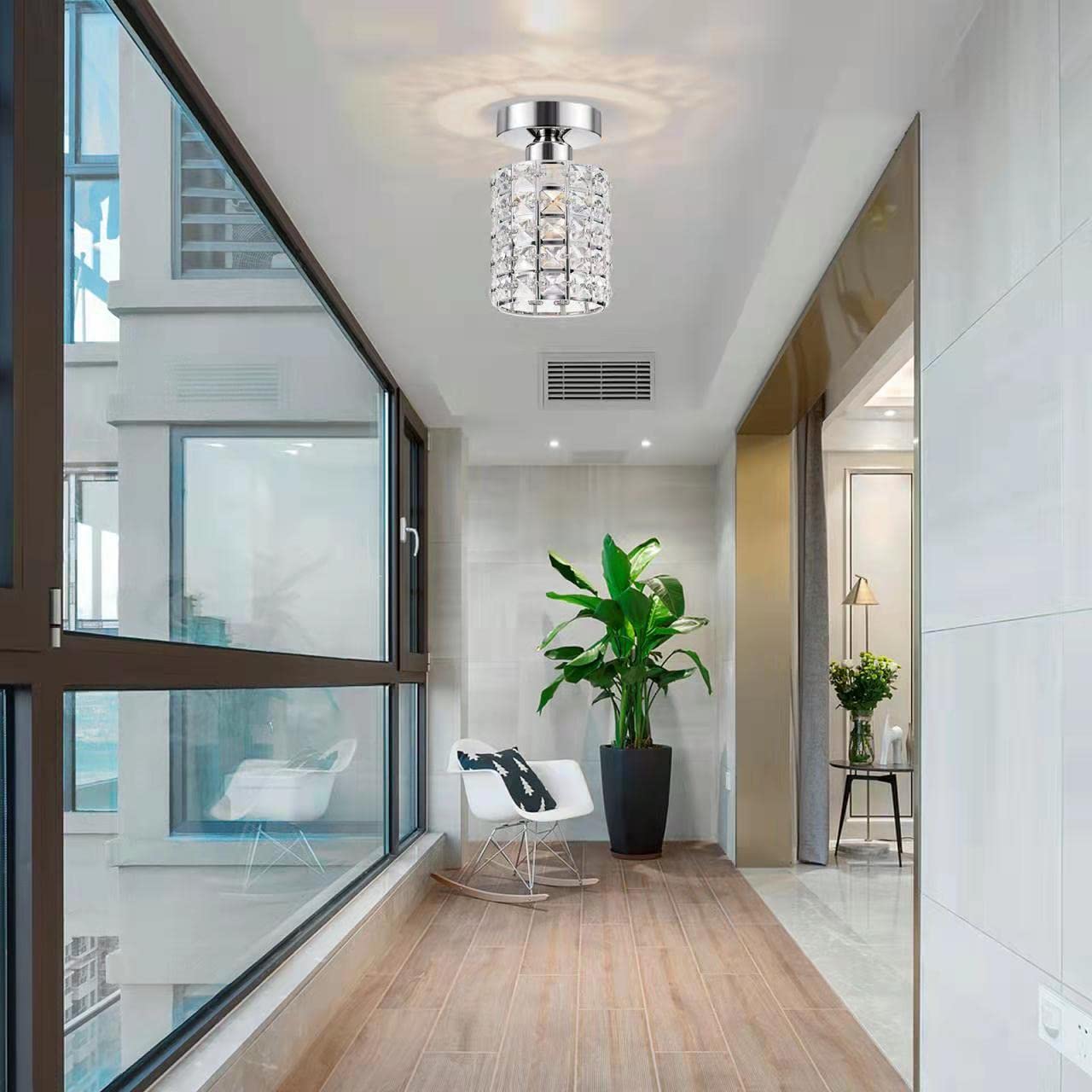 Modern Crystal Semi Flush Mount Ceiling Light Fixture - Small Chandelier Pendant Lamp for Bathroom, Hallway, Cafe, Bar, Porch & Indoor Lighting | Elegant Home & Commercial Decor