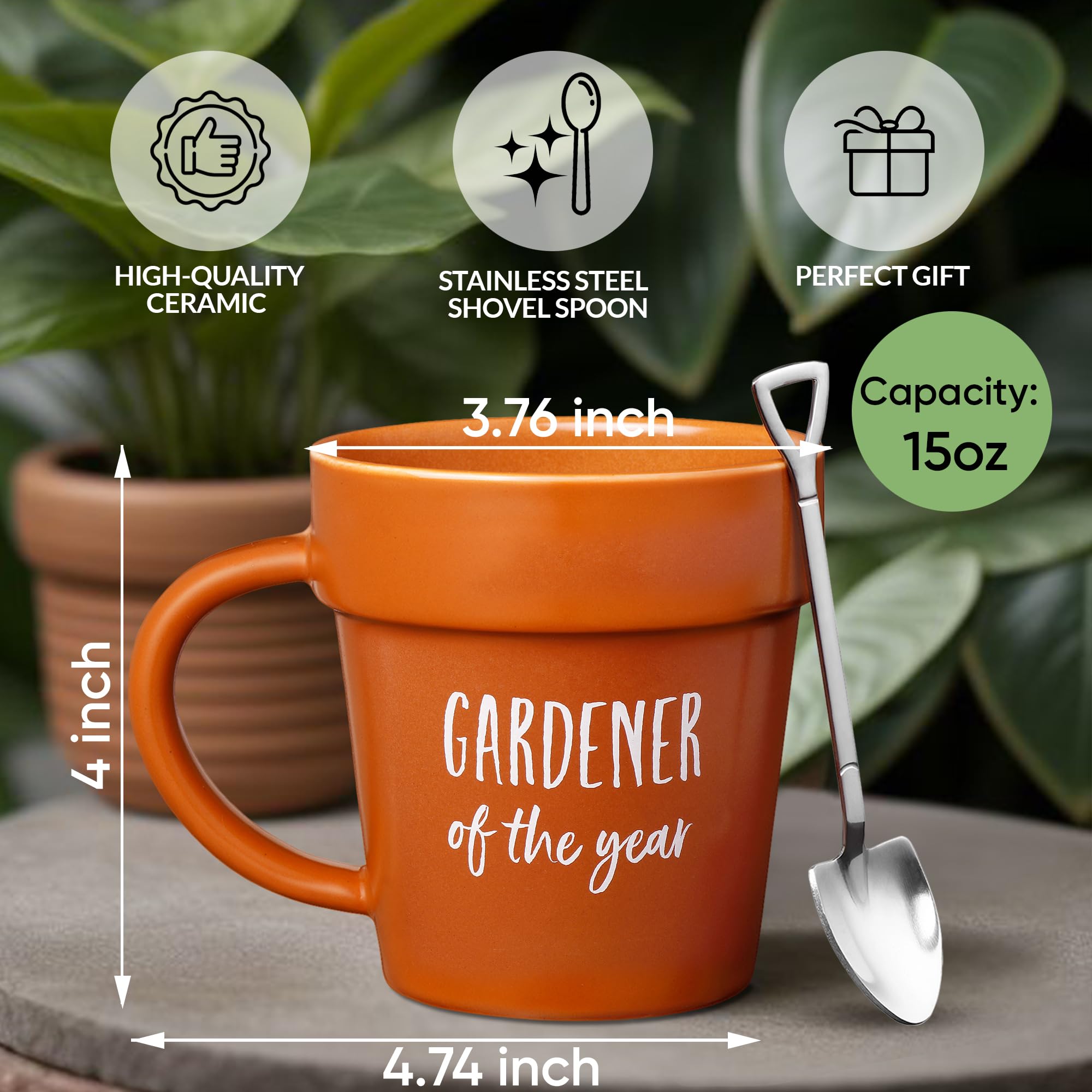 VELENTI Funny Gardener Coffee Mug with Shovel Spoon - Unique Plant Pot Shaped Mug for Men & Women - Perfect Gardening Gift for Dad's Birthday or Mom's Christmas - Ideal for Coffee Lovers & Plant Enthusiasts (Great for Home, Office or Garden Use)