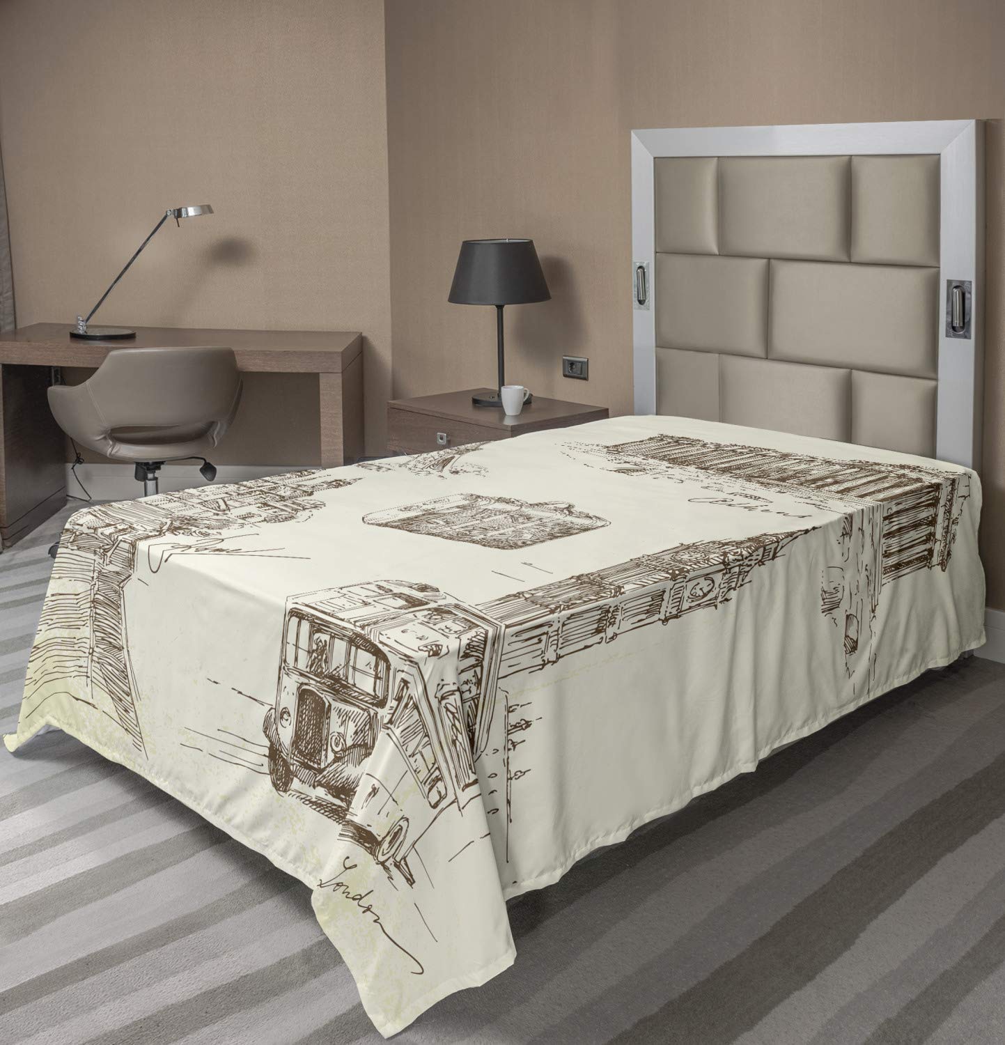 Ambesonne Vintage Travel Themed Flat Sheet - Sketch Art of European Landmarks & Suitcases, Soft Comfortable TwinXL Top Sheet, Brown Cream | Perfect for Guest Rooms, Vacation Homes & Travel Enthusiasts
