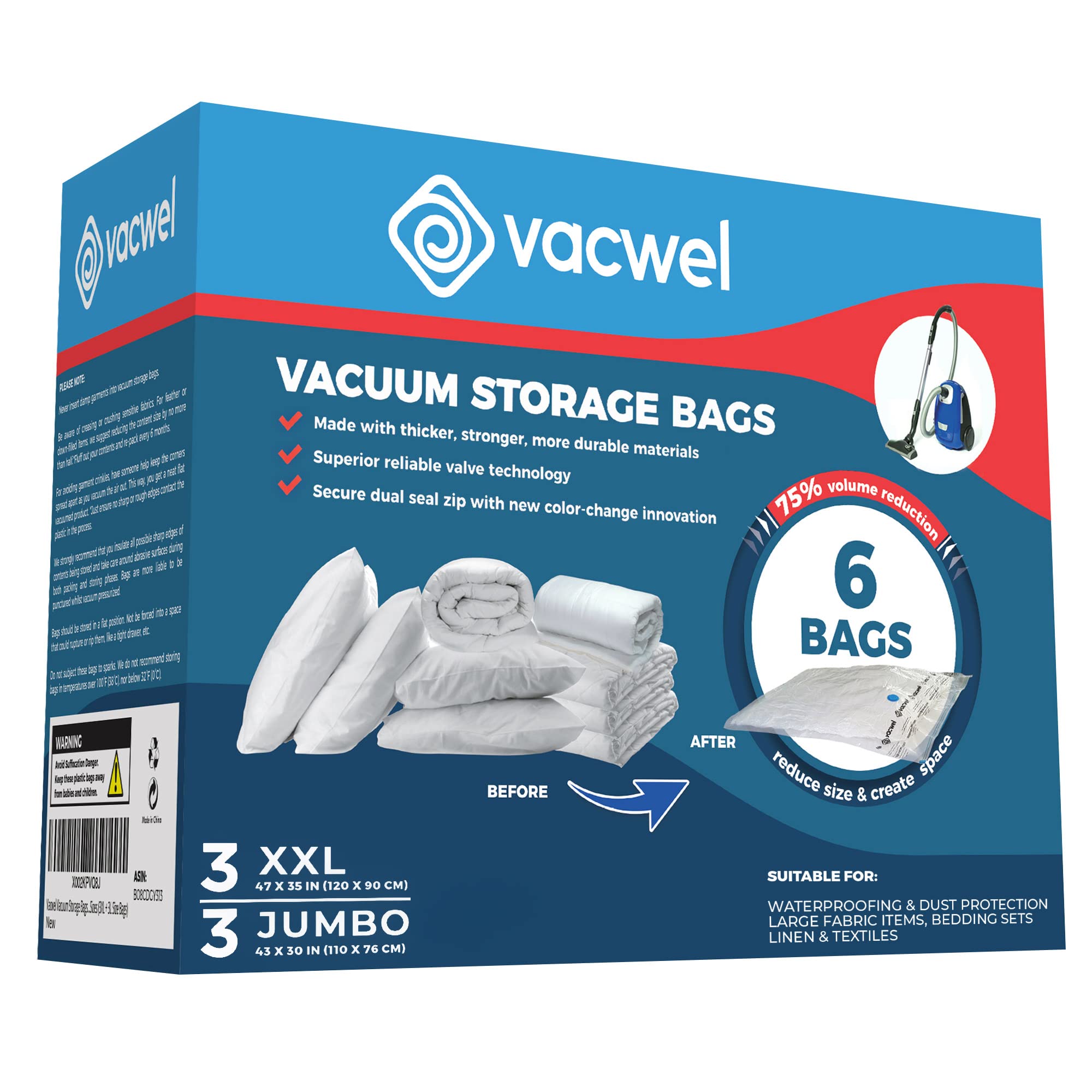 6-Pack Vacuum Storage Bags for Clothes, Comforters & Bedding - Space Saving Vacuum Seal Bags (3 XXL 47x35in + 3 Jumbo 43x30in) - Perfect for Seasonal Clothing Storage, Travel & Home Organization