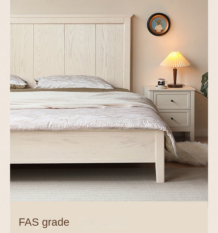 Solid Oak Wood High Headboard Full Size White Bed - American Style Bedroom Furniture for Master Bedroom & Guest Room Decor