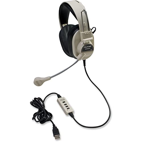 Califone 3066AV-USB Deluxe Over-Ear Stereo Headset with Adjustable Gooseneck Microphone - USB Plug Noise-Cancelling Headphones for Online Classes, Call Centers & Remote Work (Beige)