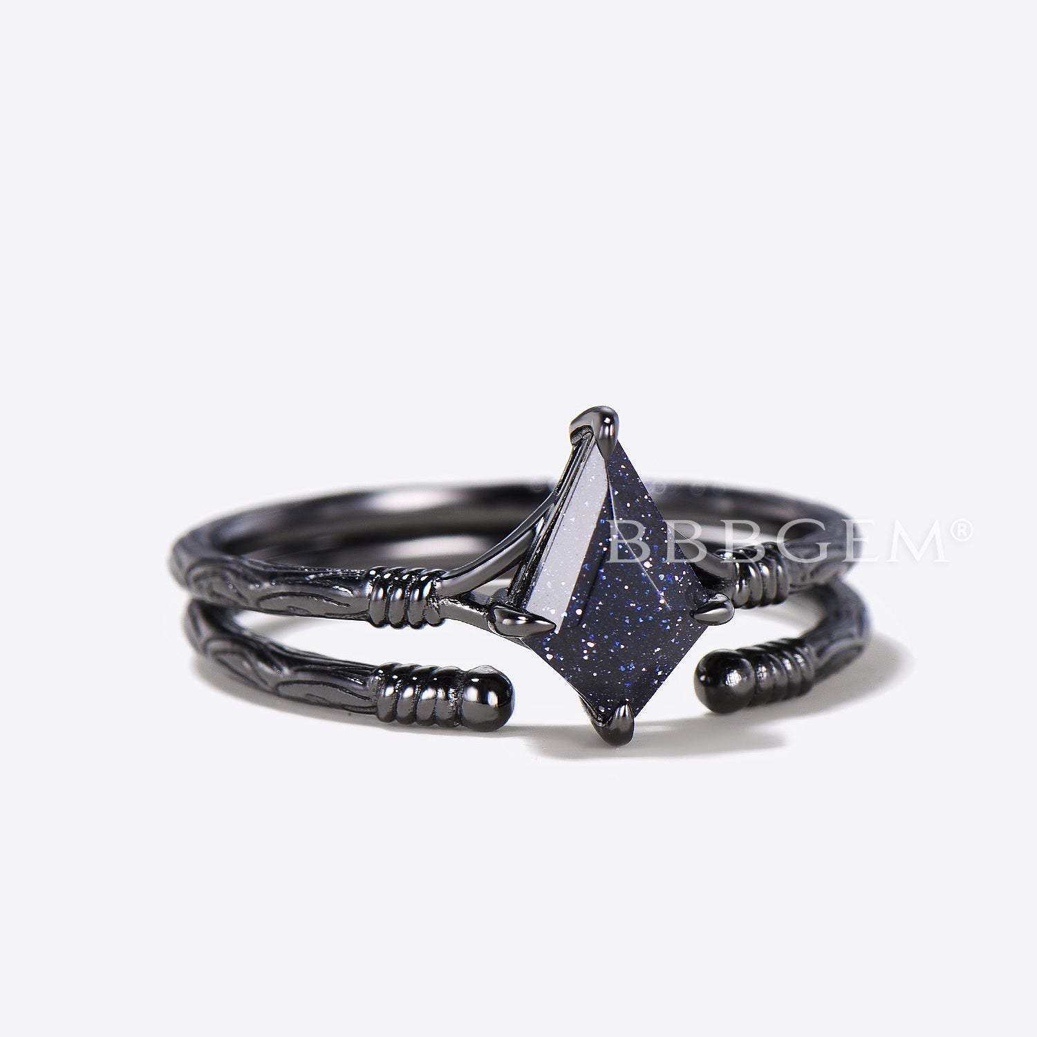 Blue Sandstone Engagement Ring Set - Kite Cut Solitaire Open Cuff Bridal Jewelry for Wedding & Anniversary Gifts