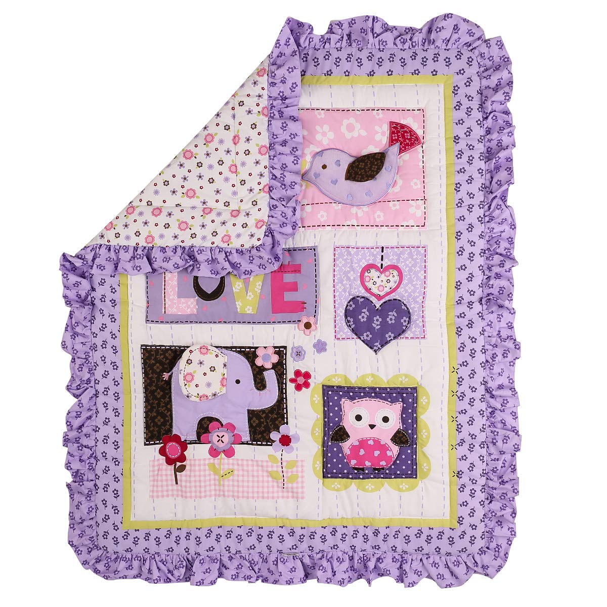 Brandream 3-Piece Purple Cotton Crib Bedding Set for Baby Girls - Floral Patchwork with Elephant & Owl Design, Ruffled Trim, Breathable & Healthy Nursery Bedding | Perfect for Princess-Themed Rooms, Baby Showers & Newborn Gifts