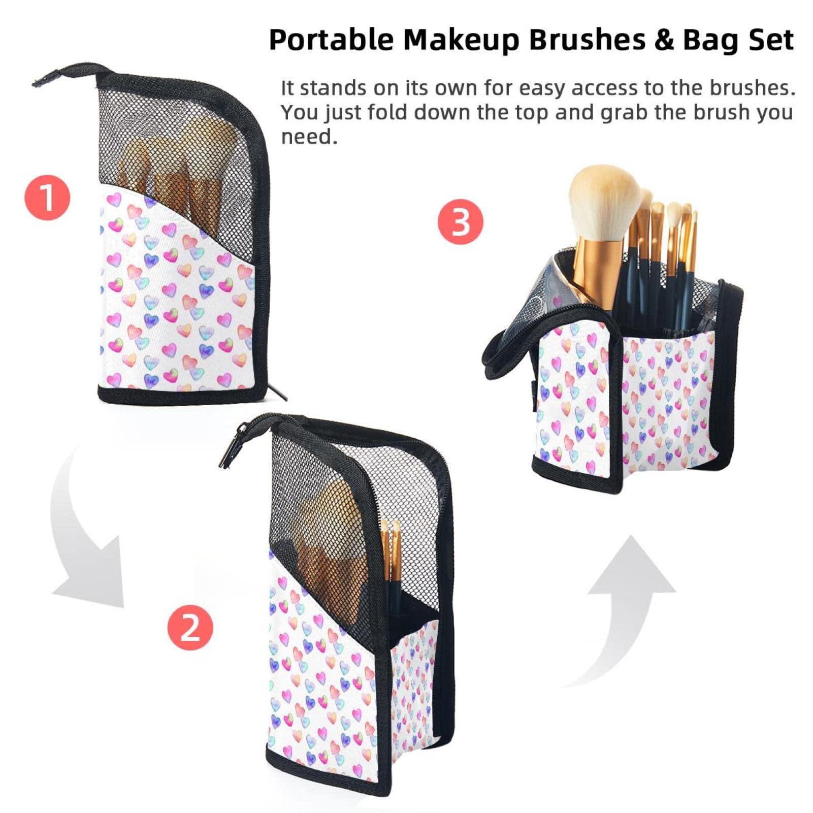 12-Piece Makeup Brush Organizer Bag with Watercolor Love Hearts - Portable Travel Cosmetic Brush Holder Set for Professional & Home Makeup Storage