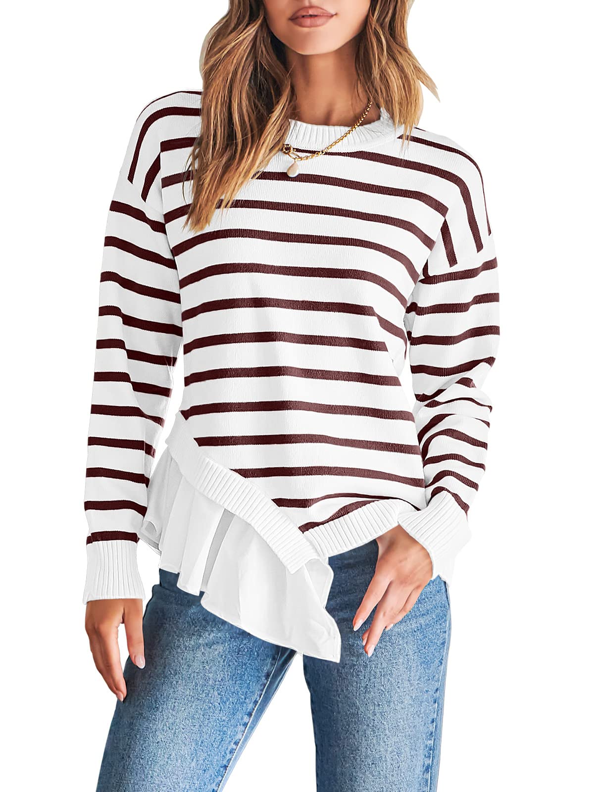 Caracilia Women's Casual Striped Sweater - Long Sleeve Crewneck Loose Knit Pullover with Asymmetrical Hem | Perfect for Fall Layering, Office Wear & Weekend Outfits