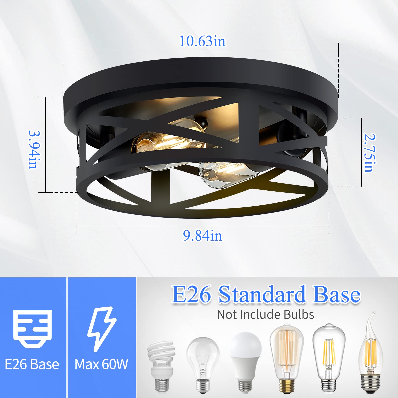 Black Flush Mount Ceiling Light Fixture - 2 Pack Modern Farmhouse Lighting for Hallway, Kitchen & Bedroom - Energy Efficient LED Compatible - Easy Installation Indoor Ceiling Lights for Home Decor