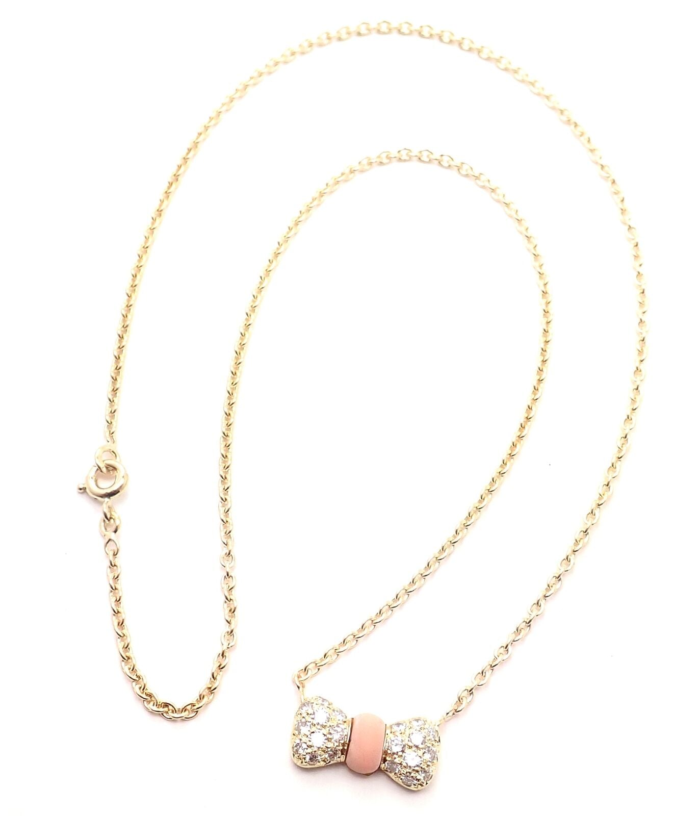 Authentic Van Cleef & Arpels 18k Yellow Gold Diamond Coral Bow Pendant Necklace - Luxury Jewelry Gift for Women, Perfect for Weddings & Special Occasions