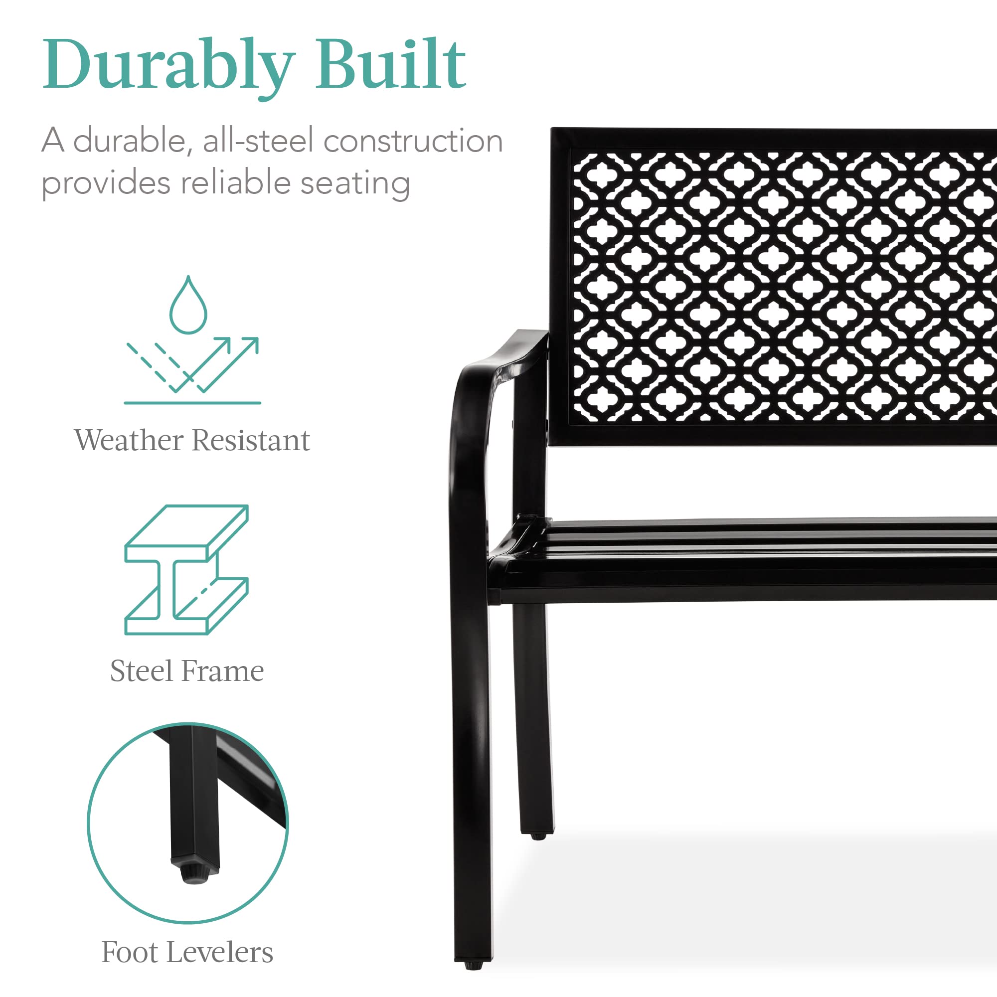 Best Choice Products 2-Person Outdoor Metal Bench with Geometric Backrest - Heavy Duty 790lb Capacity Steel Garden Bench for Patio, Porch, Entryway - Perfect for Backyard Relaxation & Outdoor Seating (Black)