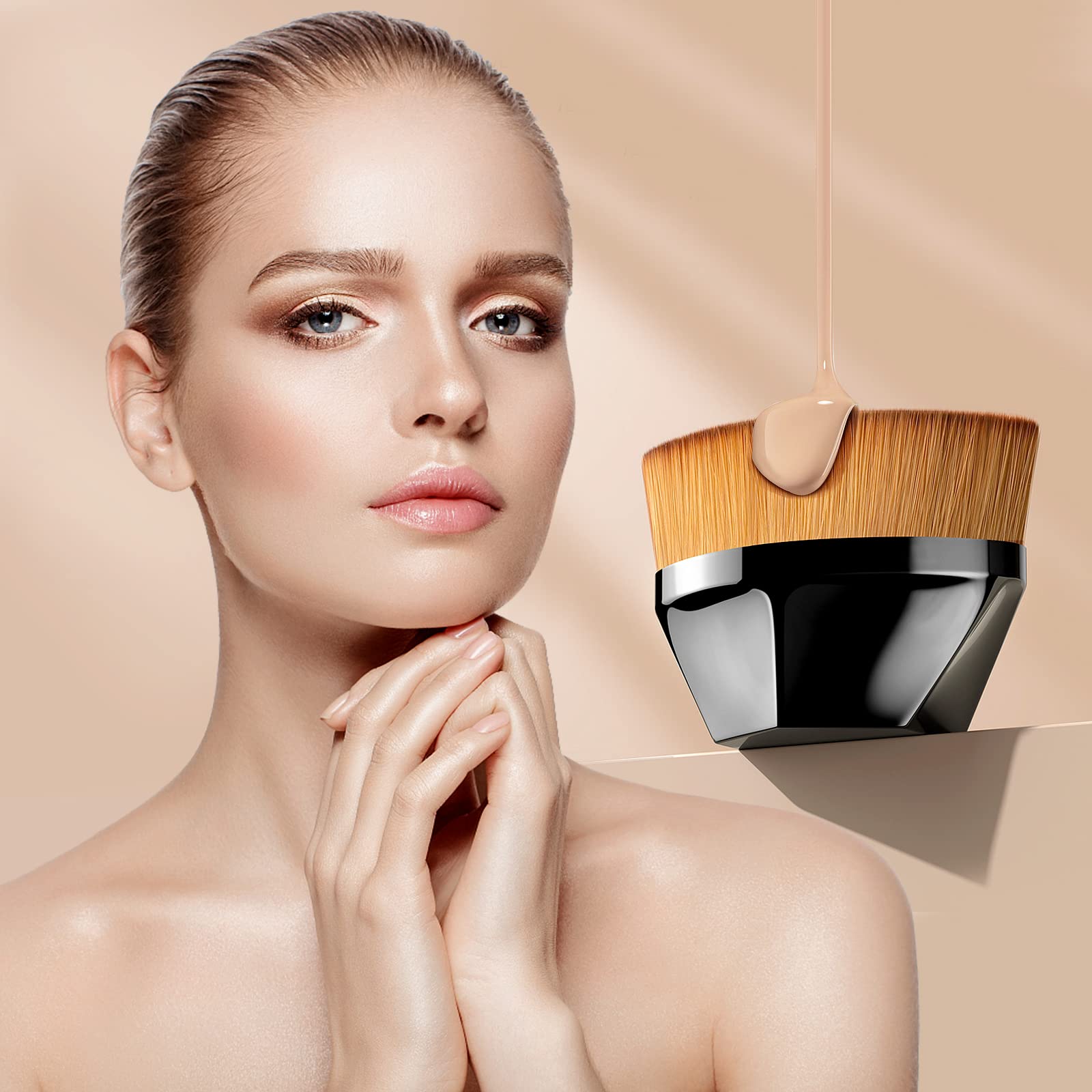 Flat Top Kabuki Foundation Brush - Hexagon Design for Liquid & Powder Makeup - Perfect for Flawless Blending (Black)