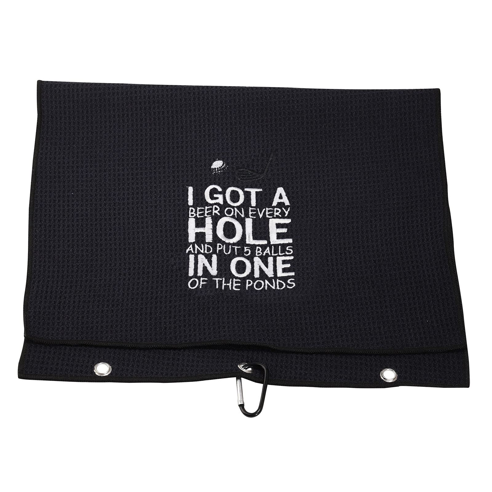 PXTIDY Funny Golf Towels for Men - 'I Got A Beer On Every Hole' Embroidered Golf Towel with Clip - Perfect Gift for Golf & Beer Lovers (Black) - Great for Golf Courses, Driving Ranges & Sports Events