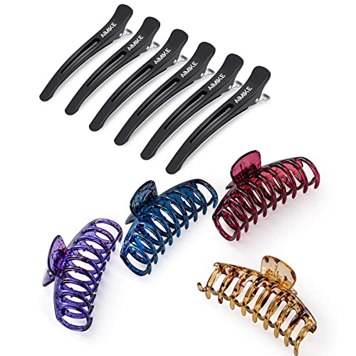 AIMIKE 4.3 Inch Non-Slip Tortoise Shell Large Hair Claw Clips & 6pcs No-Slip No-Trace Duckbill Hair Clips with Silicone Band for Women, Men, Hairstylists - Perfect for Thick Hair, Updos, Ponytails & Everyday Styling