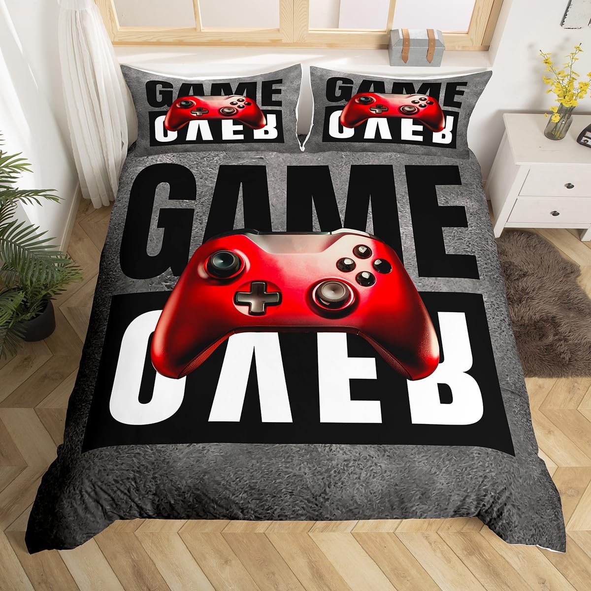 Boys Gamer Duvet Cover Twin Size - Reversible Red Video Game Controller Design with Pillowcase - Perfect for Kids & Teens Bedroom Decor, Gaming Room Setup - Soft Comforter Cover Set (2-Piece, Grey) - Great Christmas Gift for Gamers