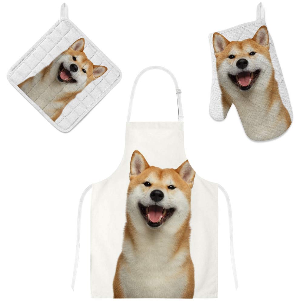 Premium Kitchen Apron Set with Pockets - Adjustable Dog Print Cooking Apron, Heat-Resistant Oven Mitt & Pot Holder (3-Piece) - Ideal for Baking, Grilling & Home Cooking - Cute Shiba Inu Design