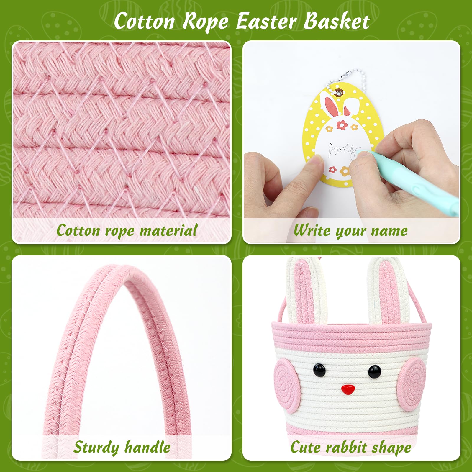 Easter Basket for Kids - 10.2 x 7.9 x 7.5 Inch Large Woven Easter Basket with Handle, Bunny Egg Basket for Boys Girls Toddlers (Pink) - Perfect for Easter Egg Hunts, Party Favors, and Spring Decorations