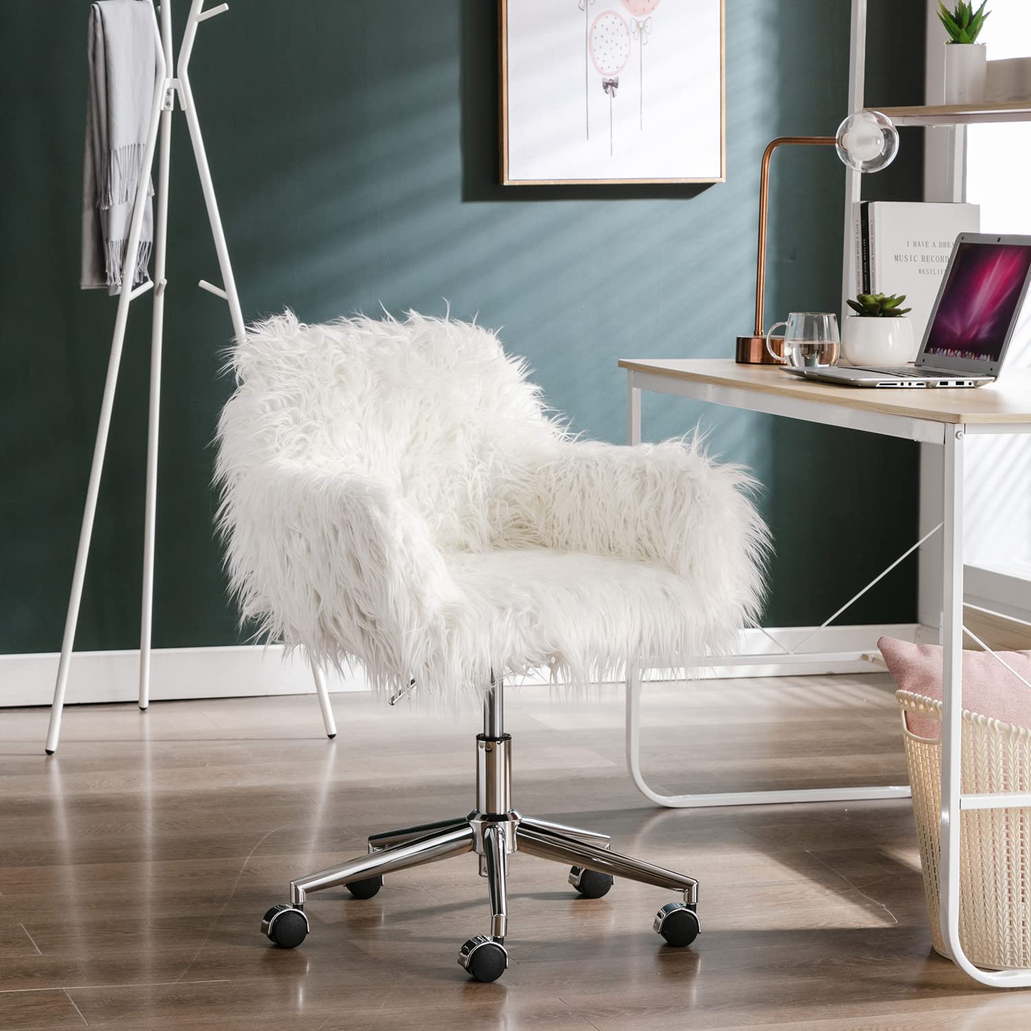 White Faux Fur Swivel Desk Chair with Wheels & Adjustable Height - Cute Vanity Chair for Home Office, Gaming, Study & Makeup Station - Chrome Base Accent Chair