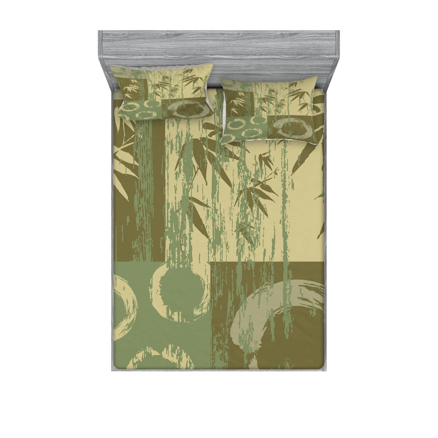 Ambesonne Asian Themed 2-Piece Queen Size Bedding Set - Vintage Oriental Style Fitted Sheet & Pillow Sham (4-PC Set) | Green Floral Decor for Master Bedroom, Guest Room & Asian-Themed Home Decor