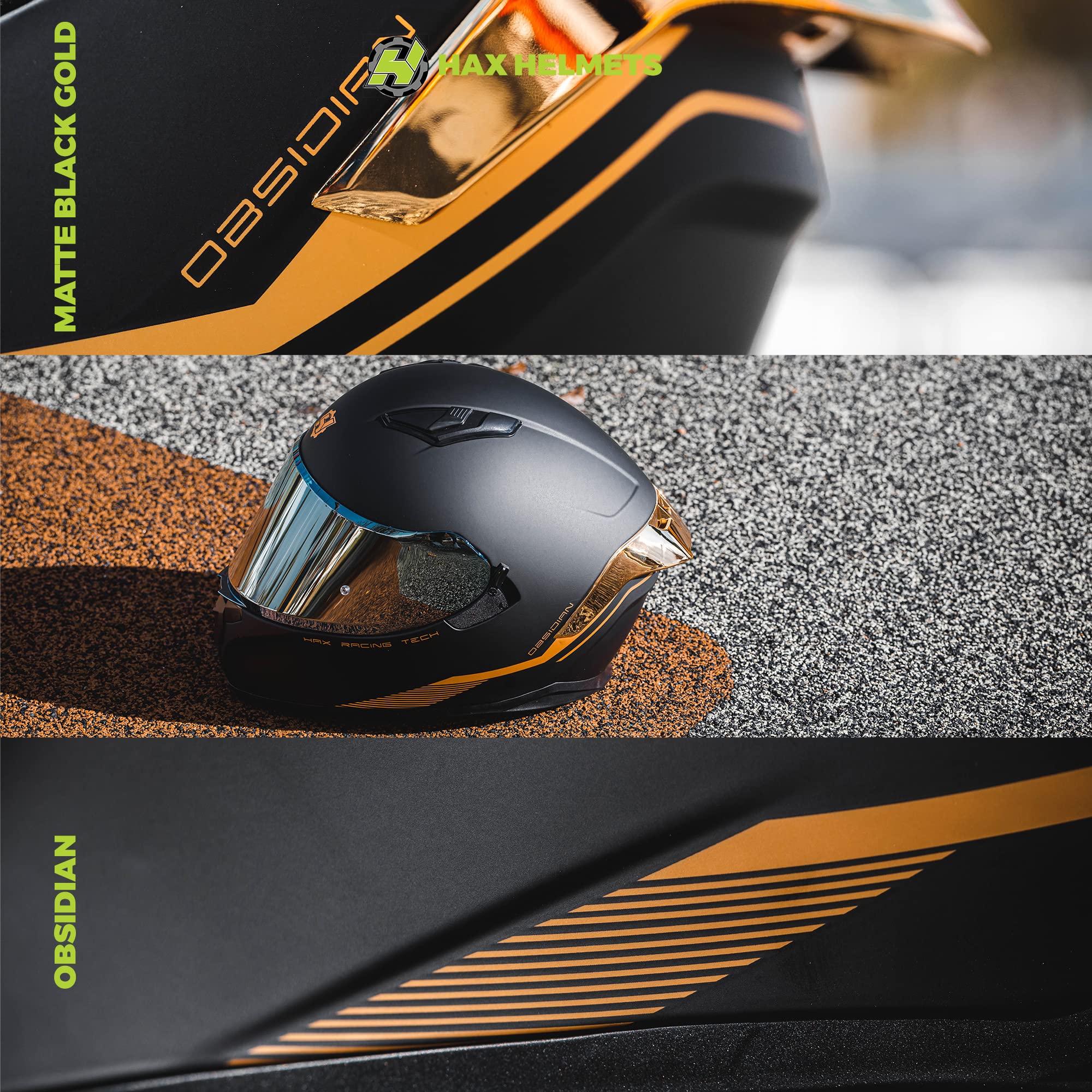 HAX Obsidian Full Face Motorcycle Helmet DOT Approved - Dual Visor, Pinlock Ready for Street Bikes - Matte Black & Gold (XXL) - Perfect for Urban Commuting & Long-Distance Riding