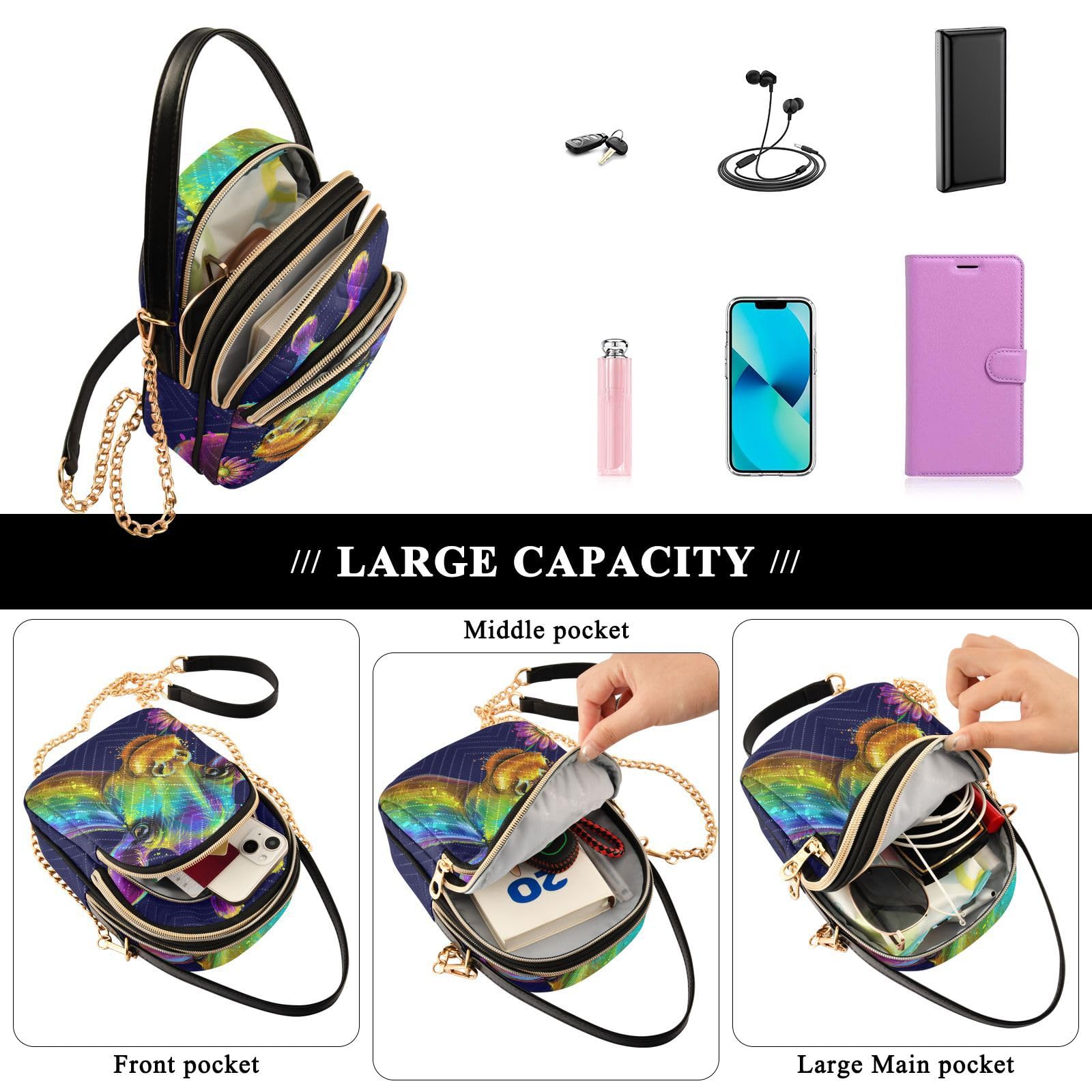 Stylish Mnsruu Women's Crossbody Bag - PU Leather Giraffe Rainbow Flower Design, Adjustable Strap & Multi-Pocket Small Shoulder Purse | Perfect for Travel, Shopping & Daily Use